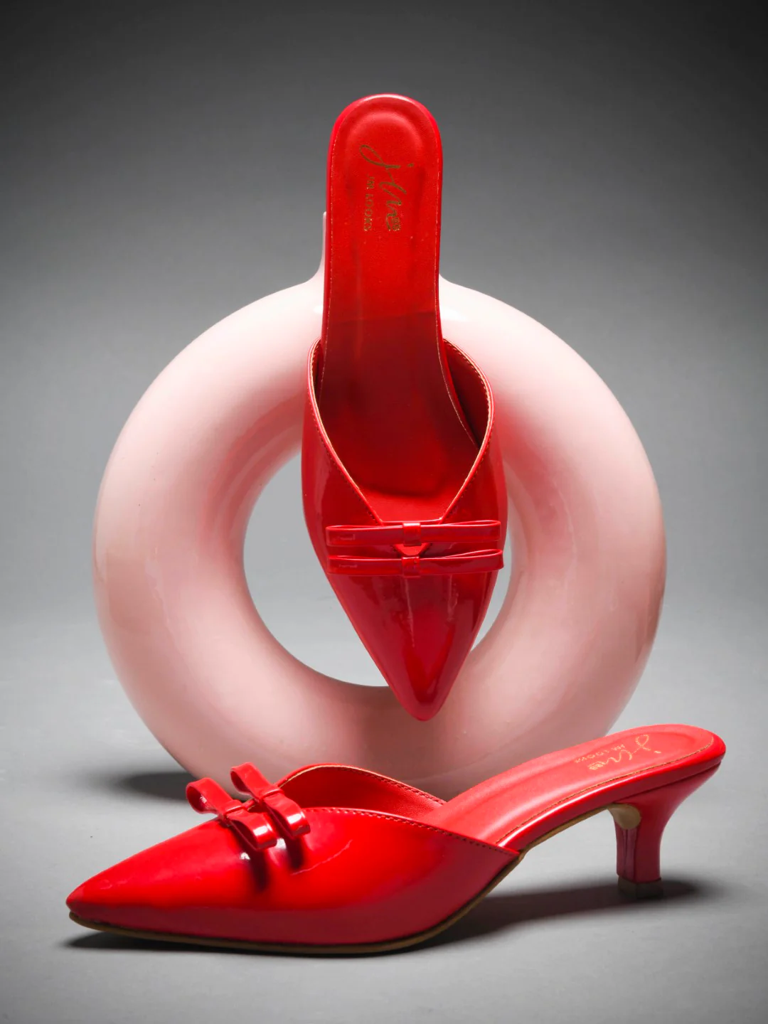 Glossy Pointed Toe Kitten Heel Mules with Double Bow - Image 8