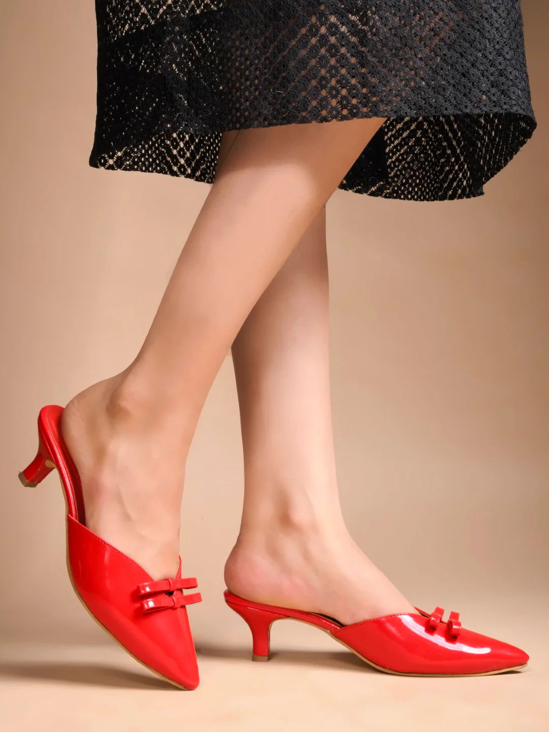 Glossy Pointed Toe Kitten Heel Mules with Double Bow - Image 9