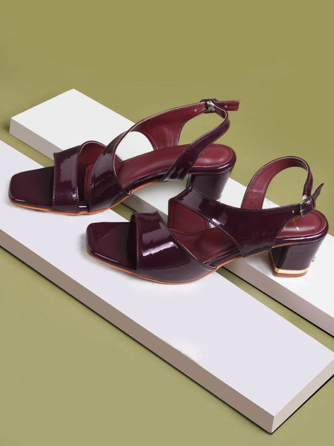Glossy Slingback Block Heel Sandals with Open Toe - Image 10