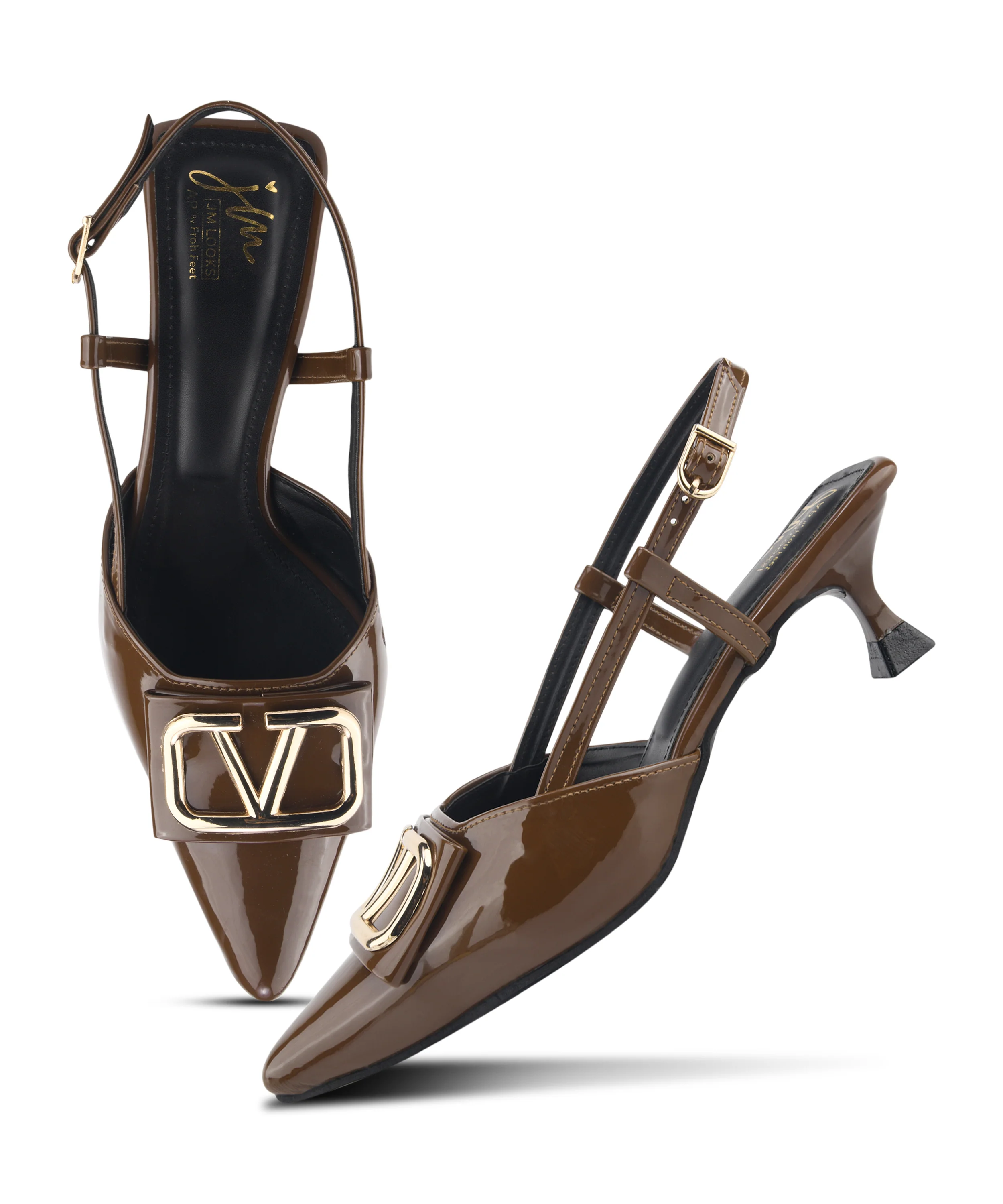 Glossy Slingback Kitten Heels with Gold Buckle - Image 11
