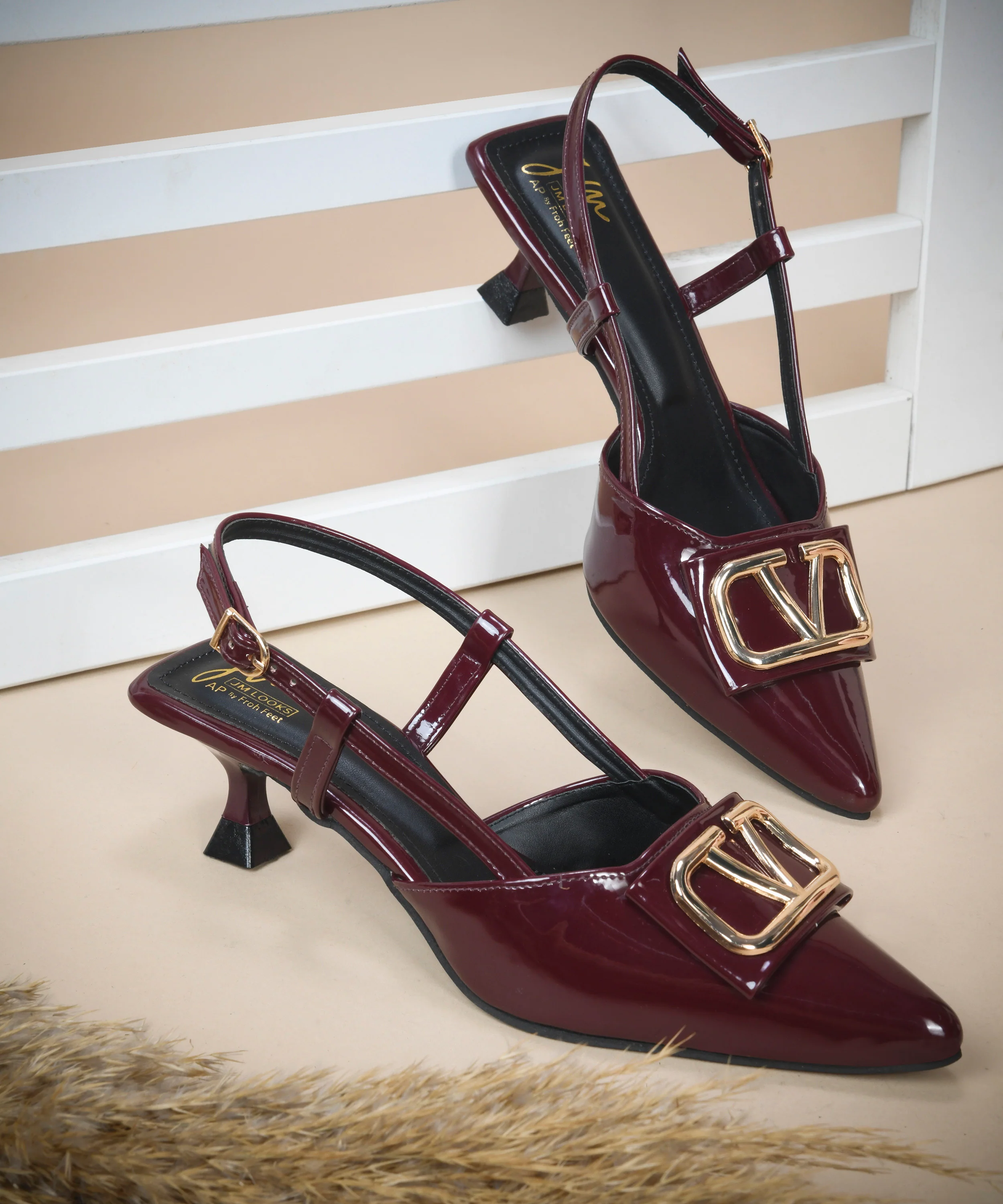 Glossy Slingback Kitten Heels with Gold Buckle - Image 13