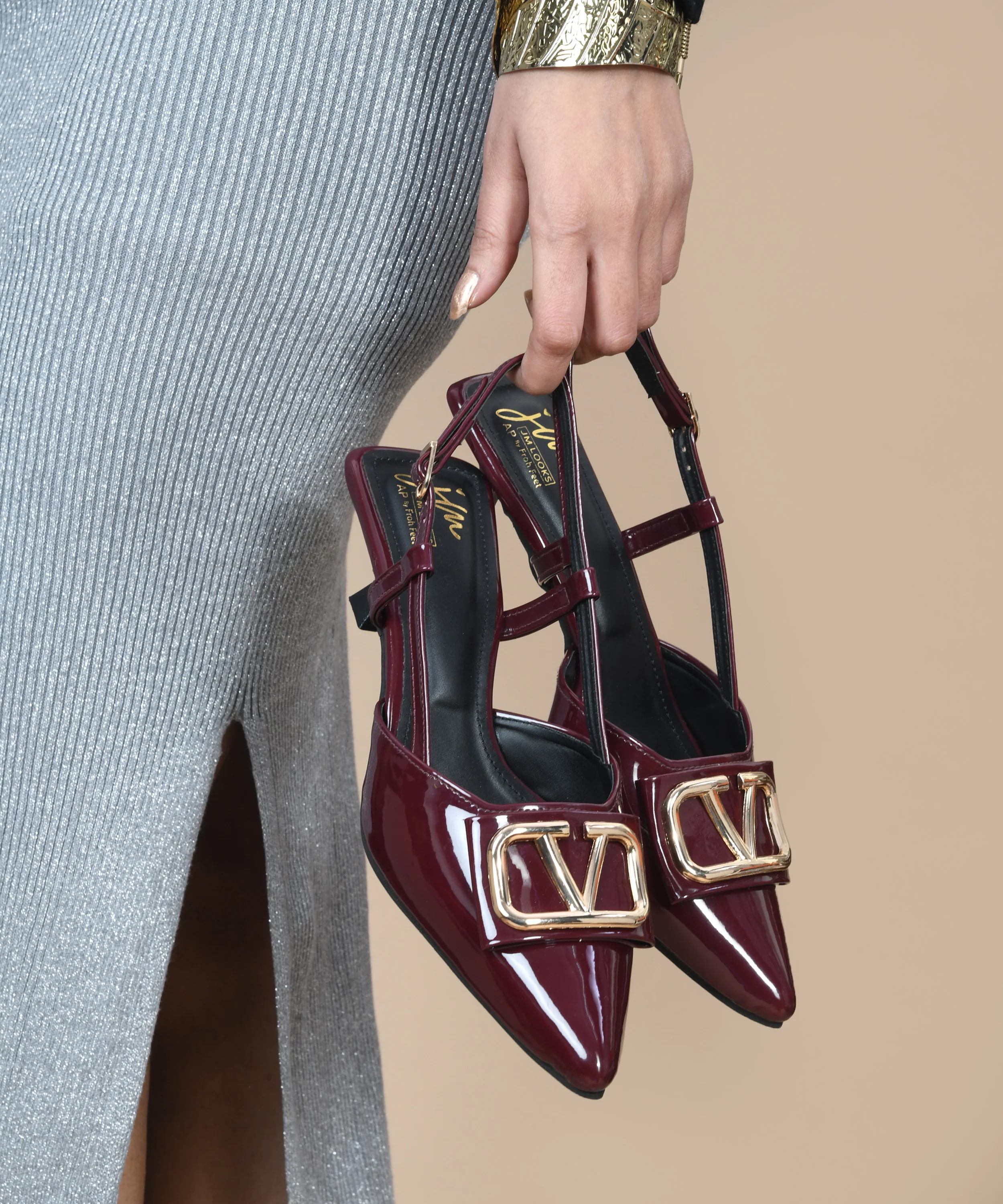 Glossy Slingback Kitten Heels with Gold Buckle - Image 14