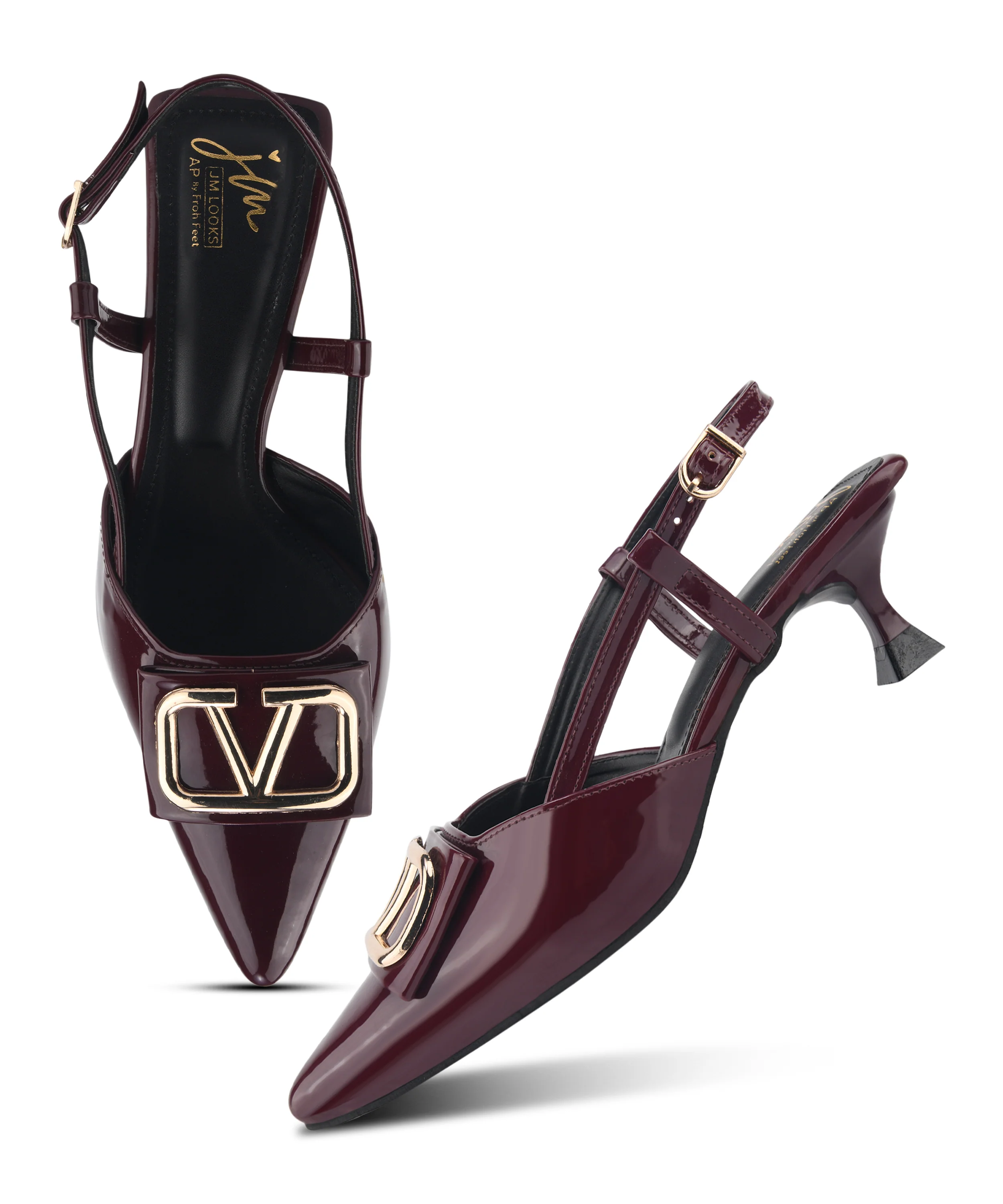 Glossy Slingback Kitten Heels with Gold Buckle - Image 17