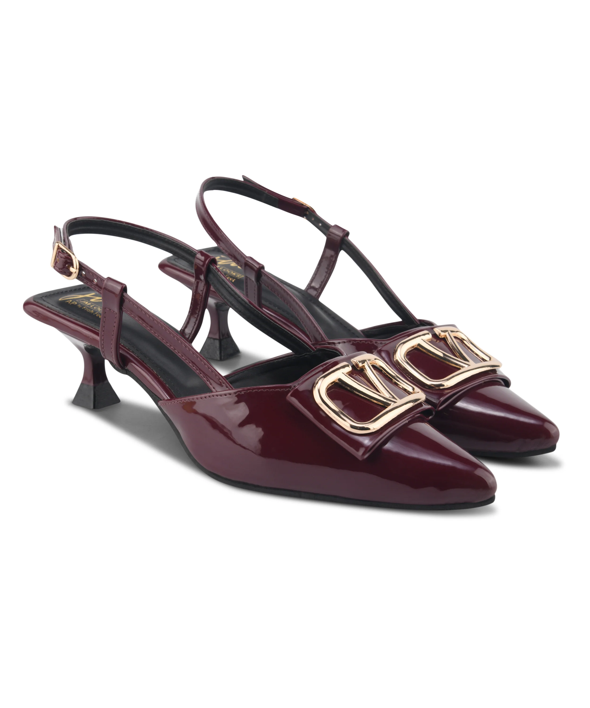 Glossy Slingback Kitten Heels with Gold Buckle - Image 18