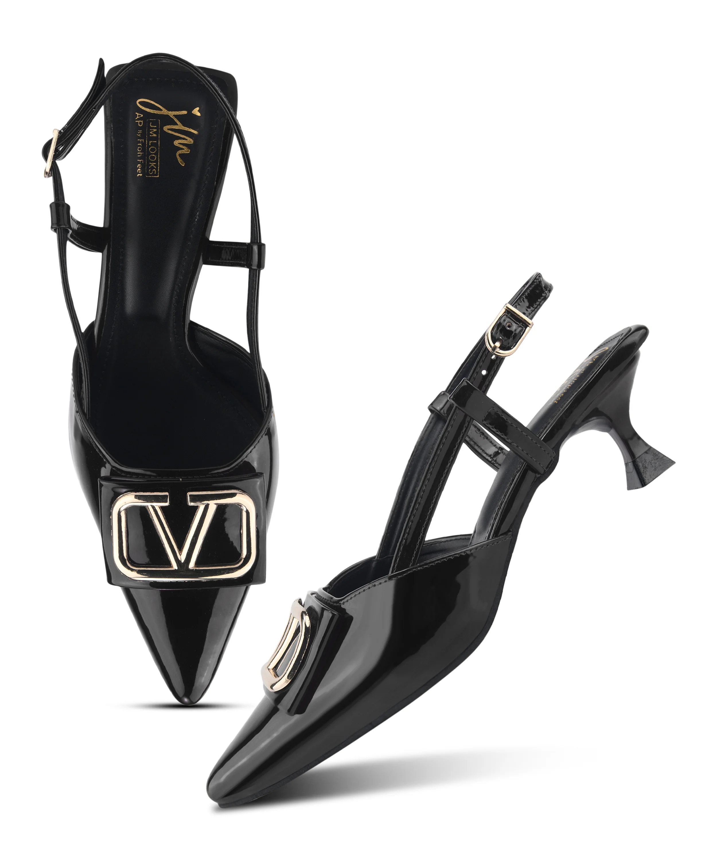 Glossy Slingback Kitten Heels with Gold Buckle - Image 5