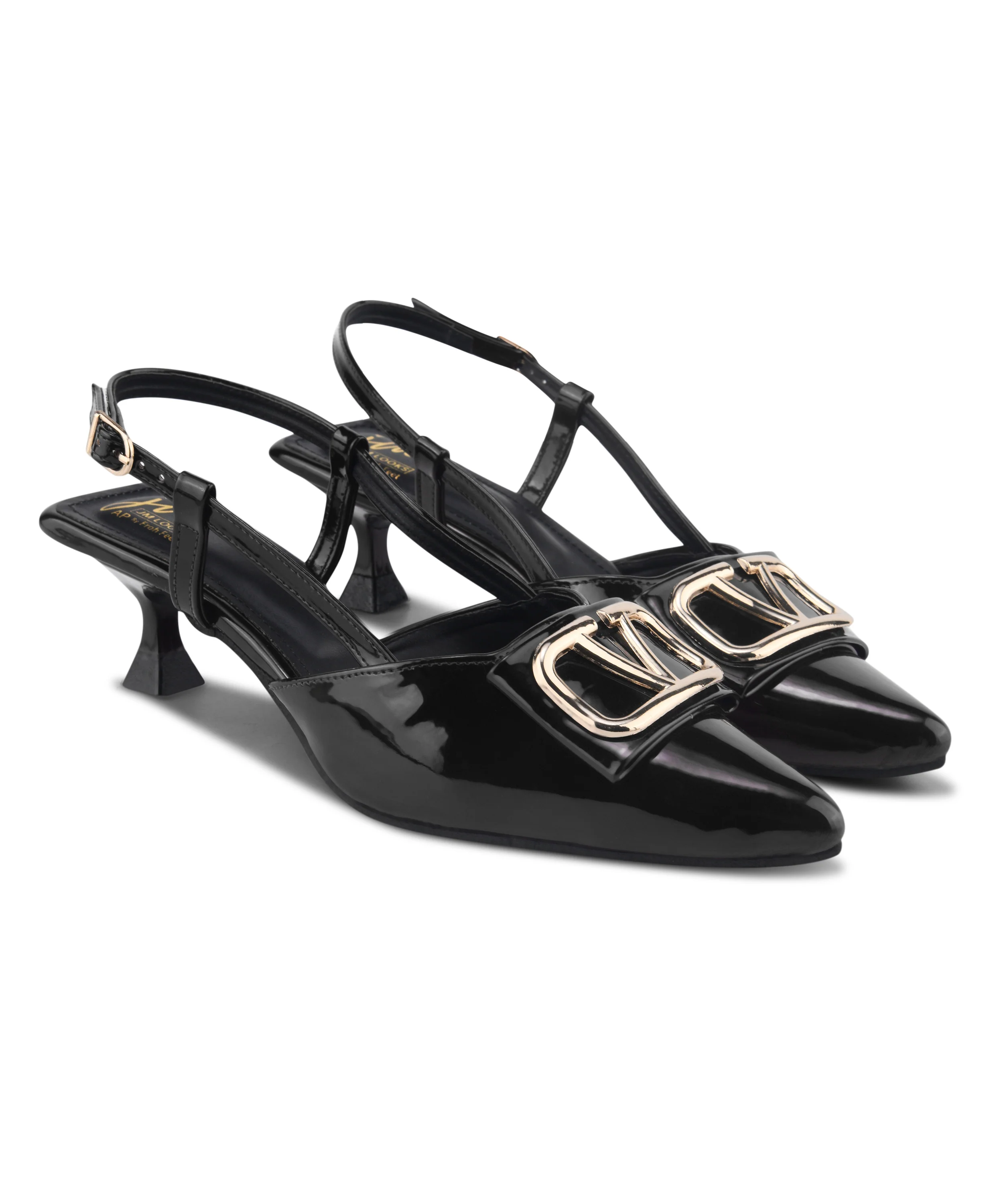 Glossy Slingback Kitten Heels with Gold Buckle - Image 6