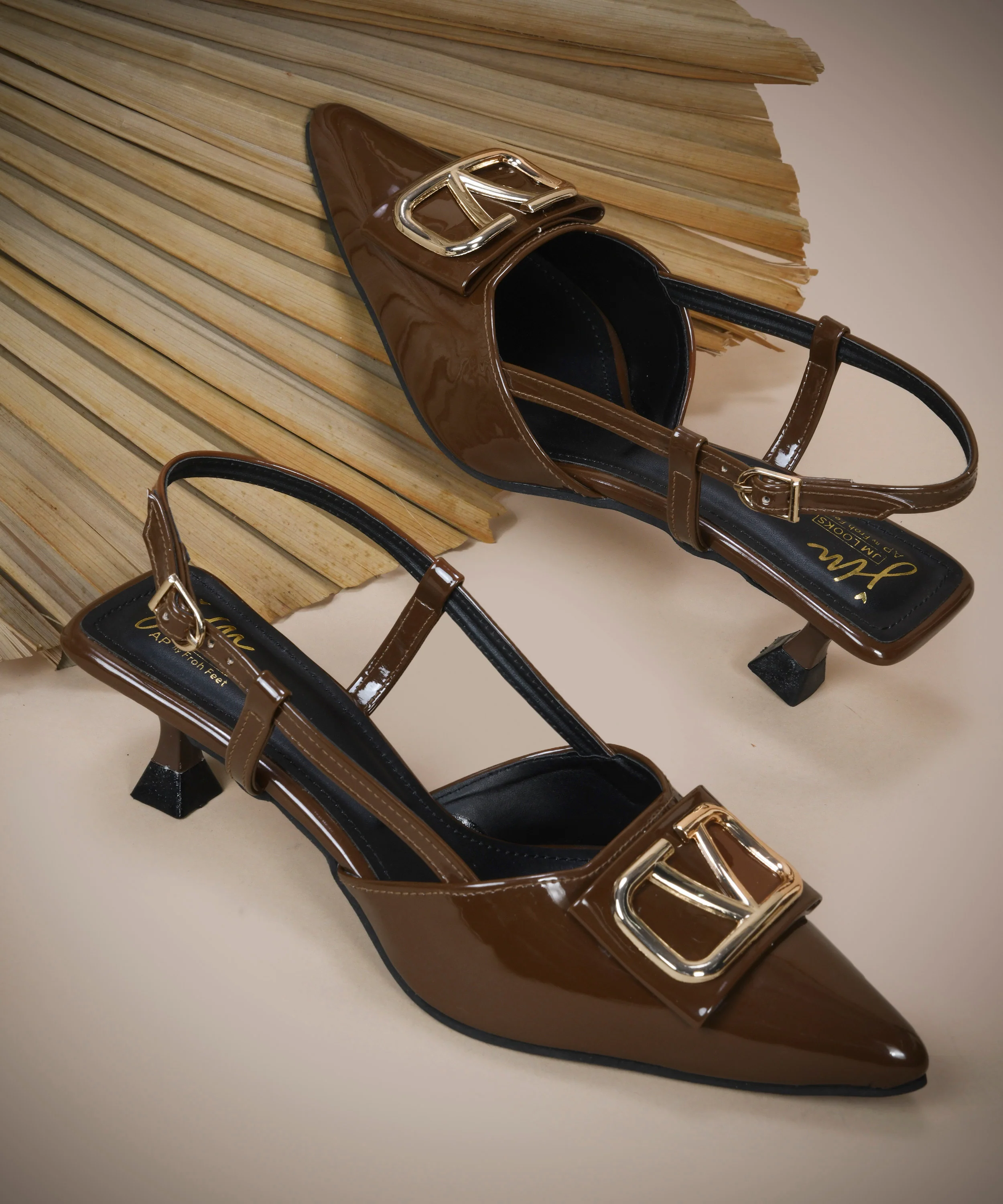 Glossy Slingback Kitten Heels with Gold Buckle - Image 7