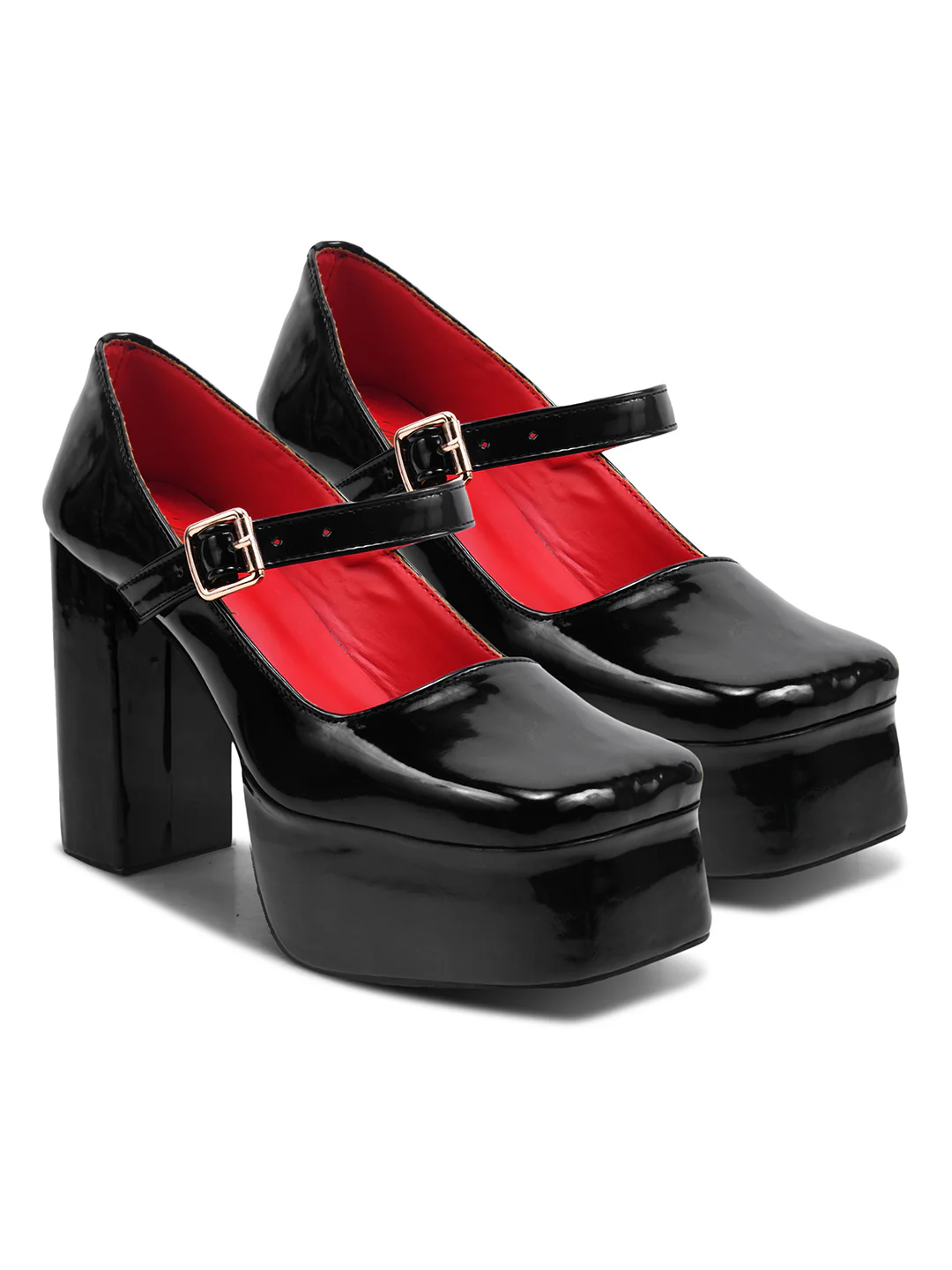High-Rise Gloss Platform Heels with Retro Strap Design - Image 5