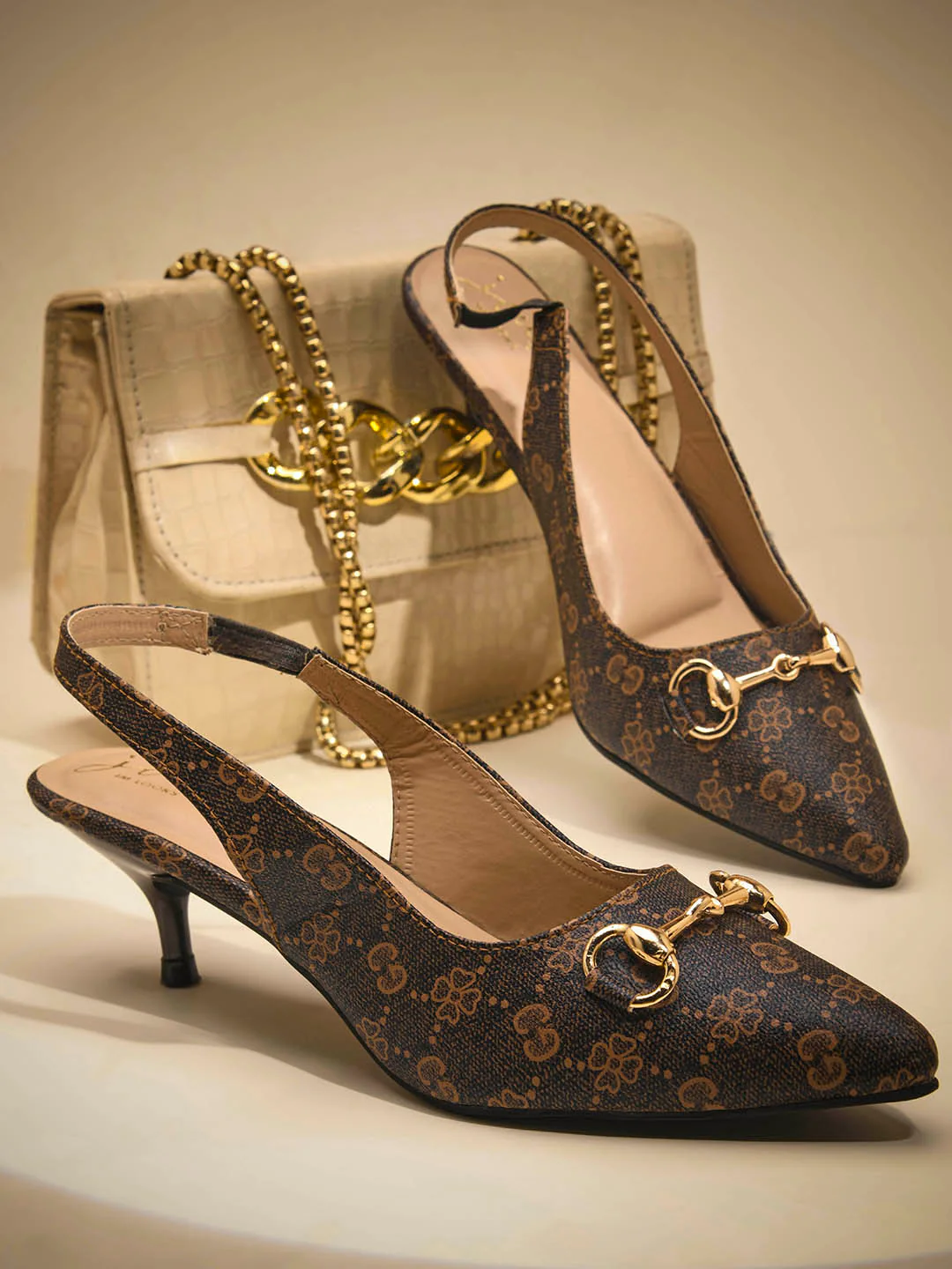 Horsebit Detail Kitten Heel Slingback Pumps