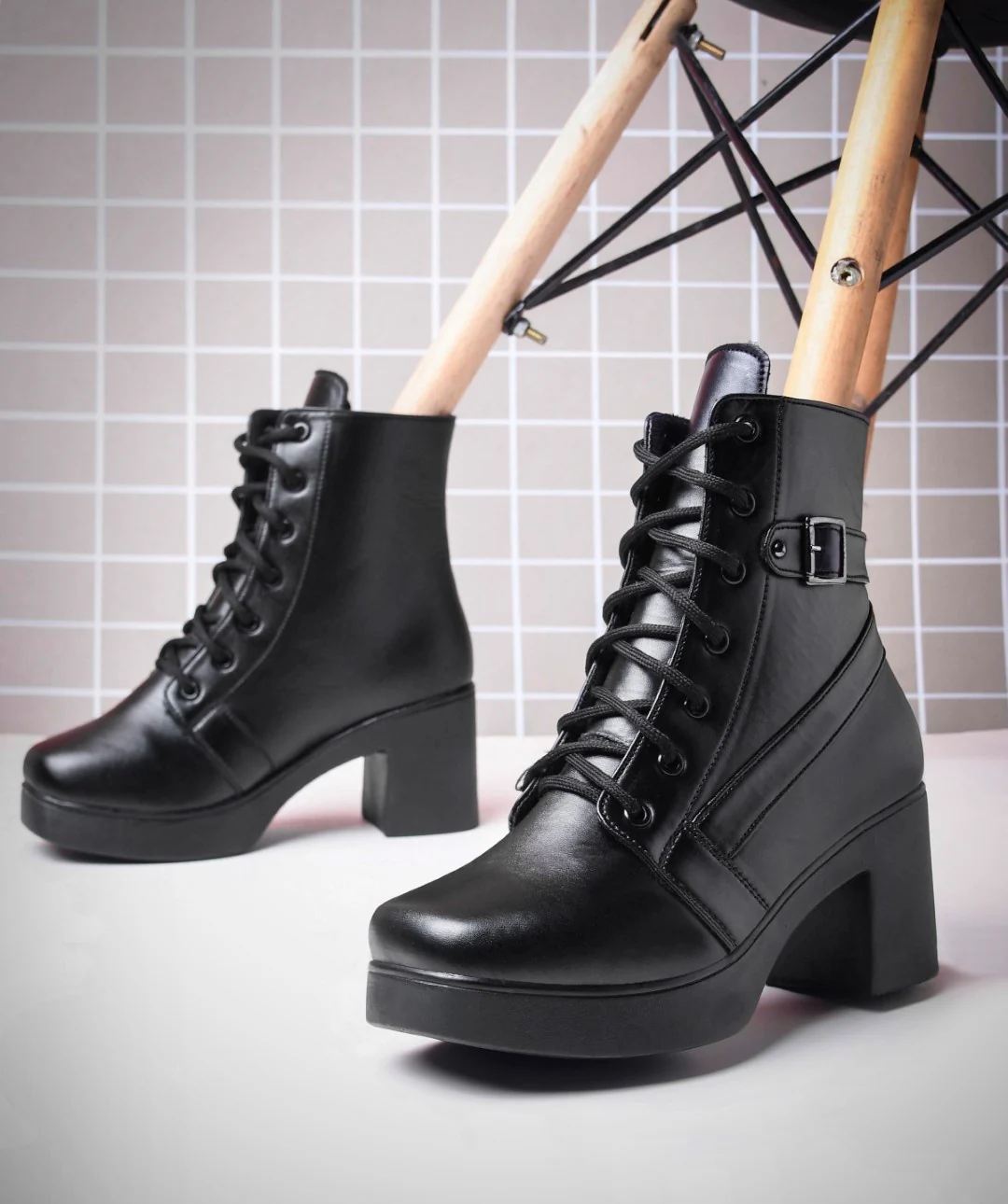 Lace-Up Block Heel Ankle Boots with Side Buckle