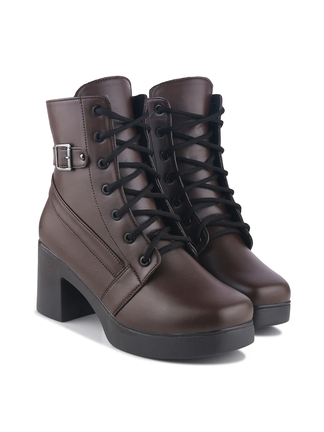 Lace-Up Block Heel Ankle Boots with Side Buckle - Image 11