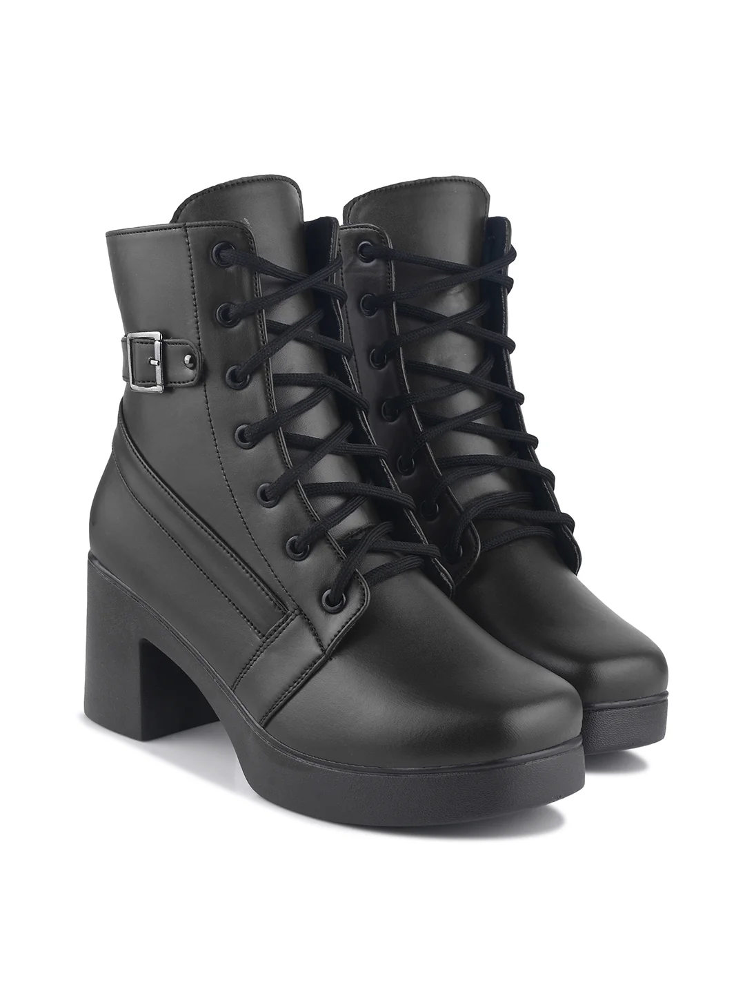 Lace-Up Block Heel Ankle Boots with Side Buckle - Image 6