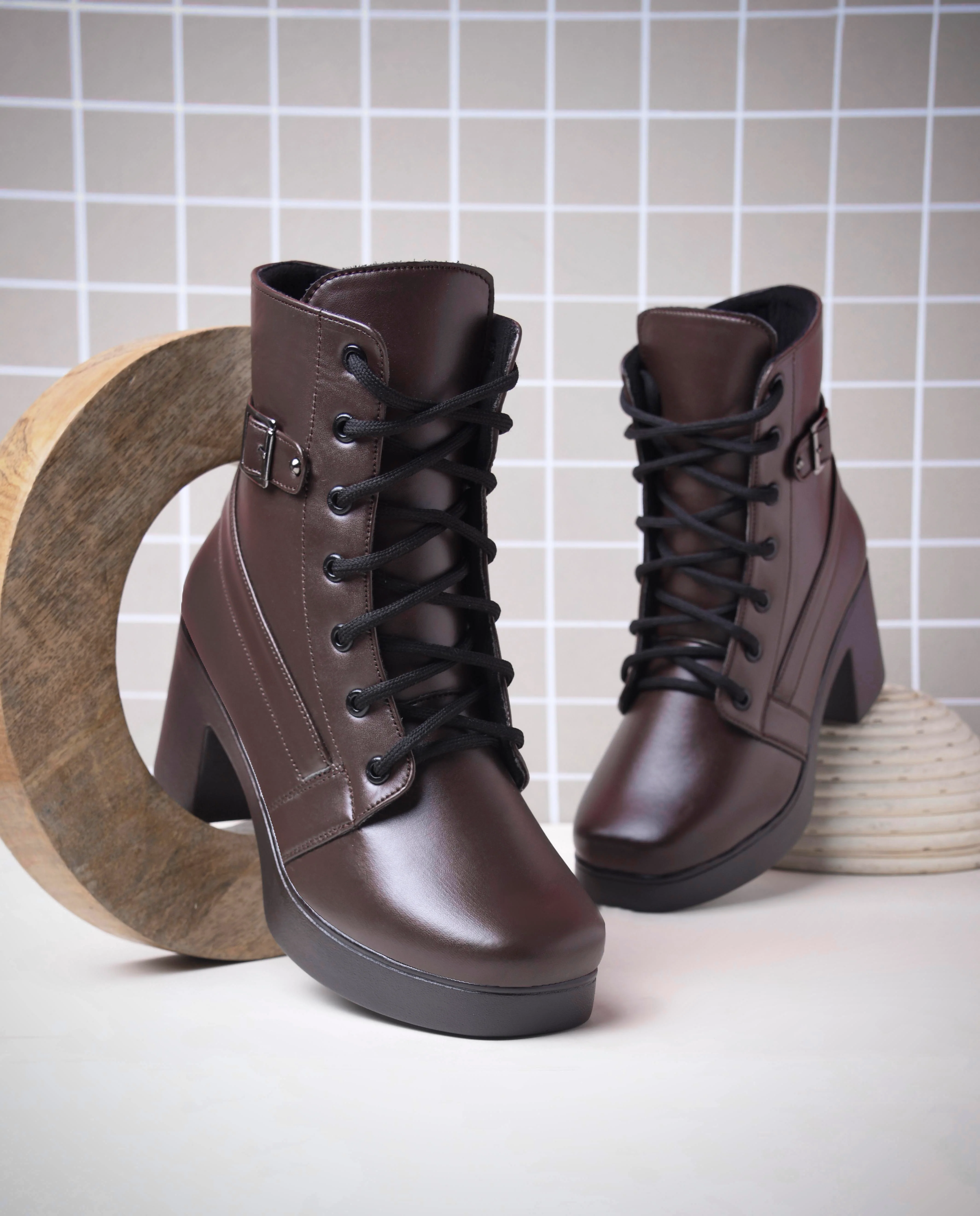 Lace-Up Block Heel Ankle Boots with Side Buckle - Image 8