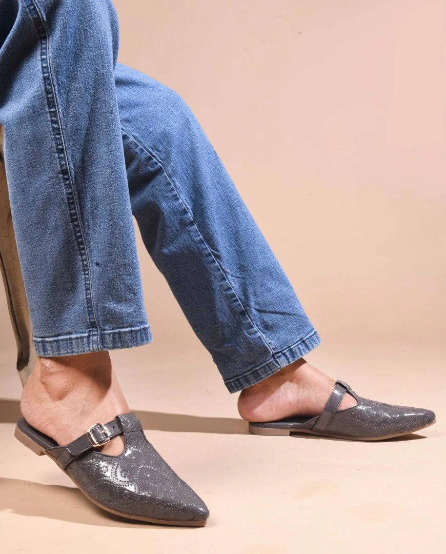 JM Looks Women's Embossed Pointed Mules with Buckle - Image 2