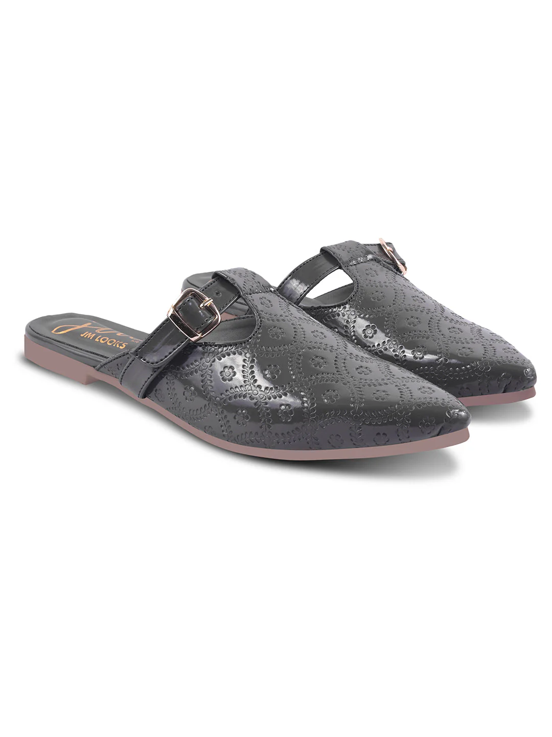 JM Looks Women's Embossed Pointed Mules with Buckle - Image 5