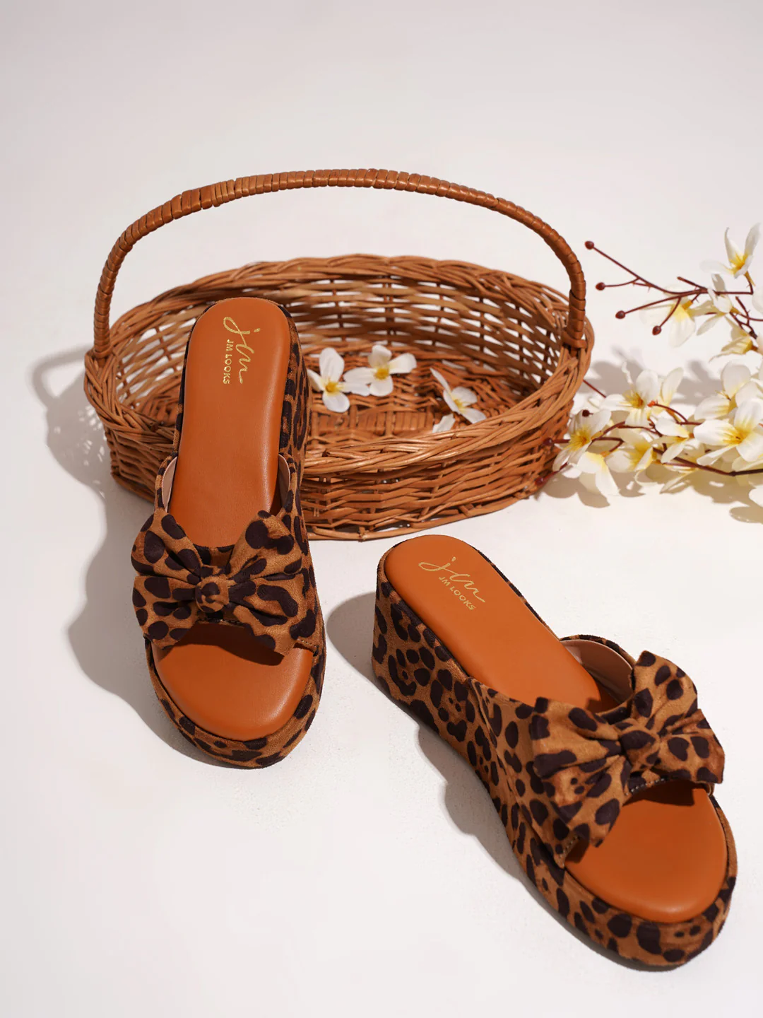 Leopard Print Wedge Slides with Bow Accent
