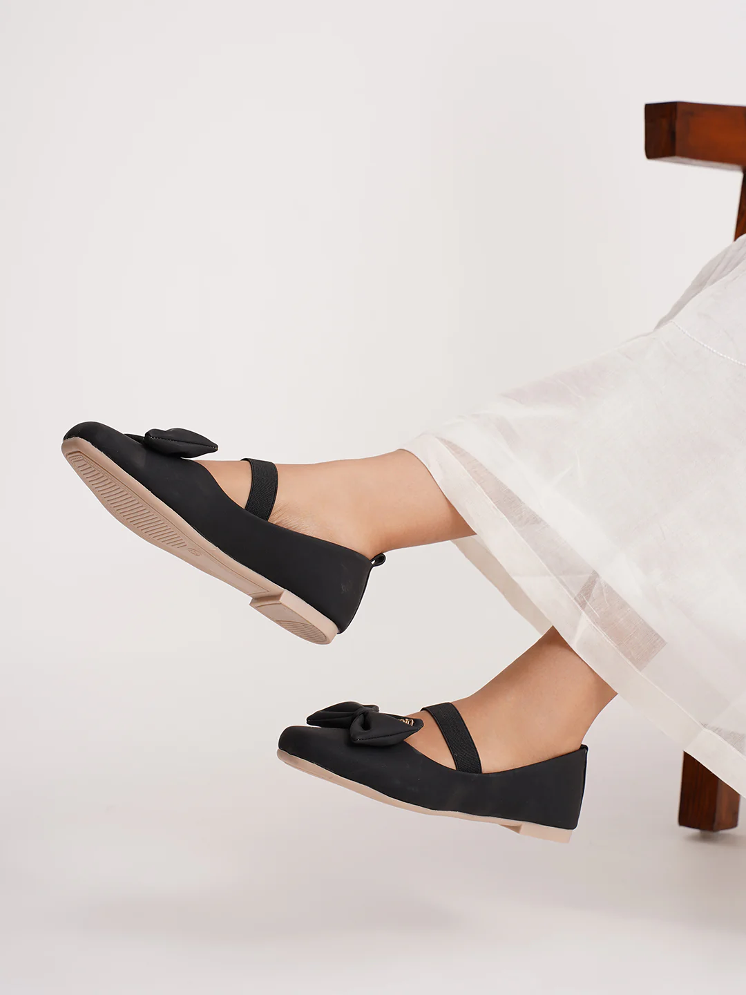 Mary Jane Flats with Bow and Elastic Strap