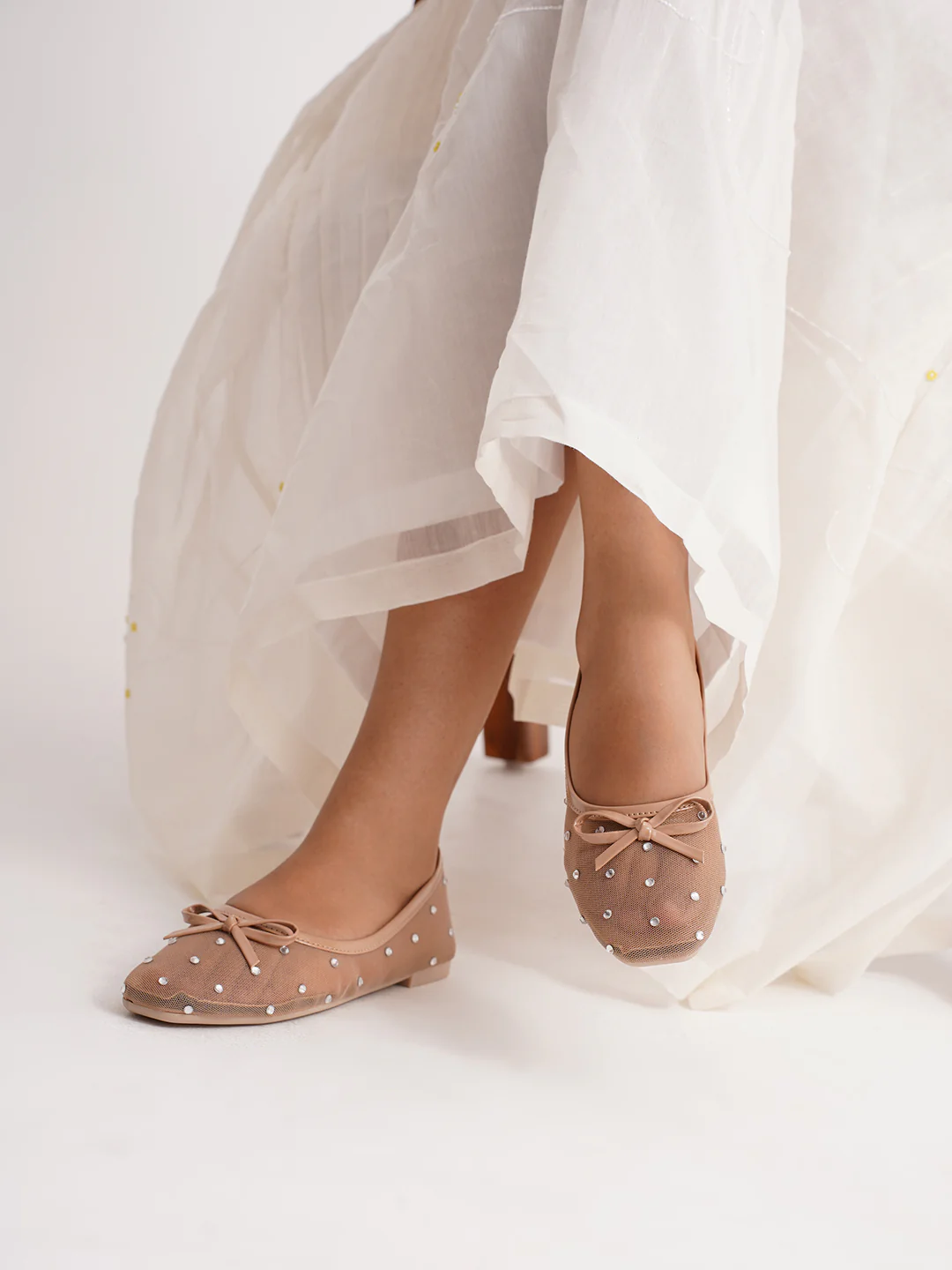 Mesh Dotted Ballet Flats with Bow Accent