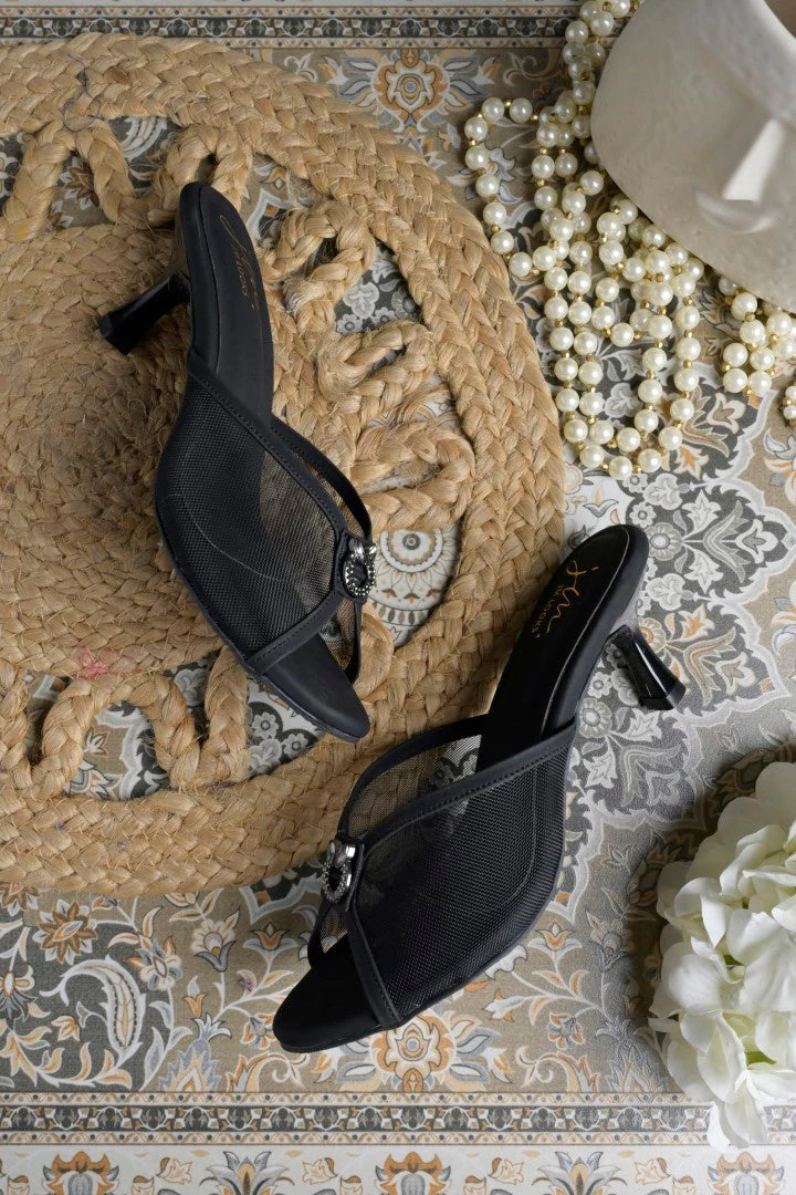 Jm Looks Embellished Mesh Kitten Heel Mules