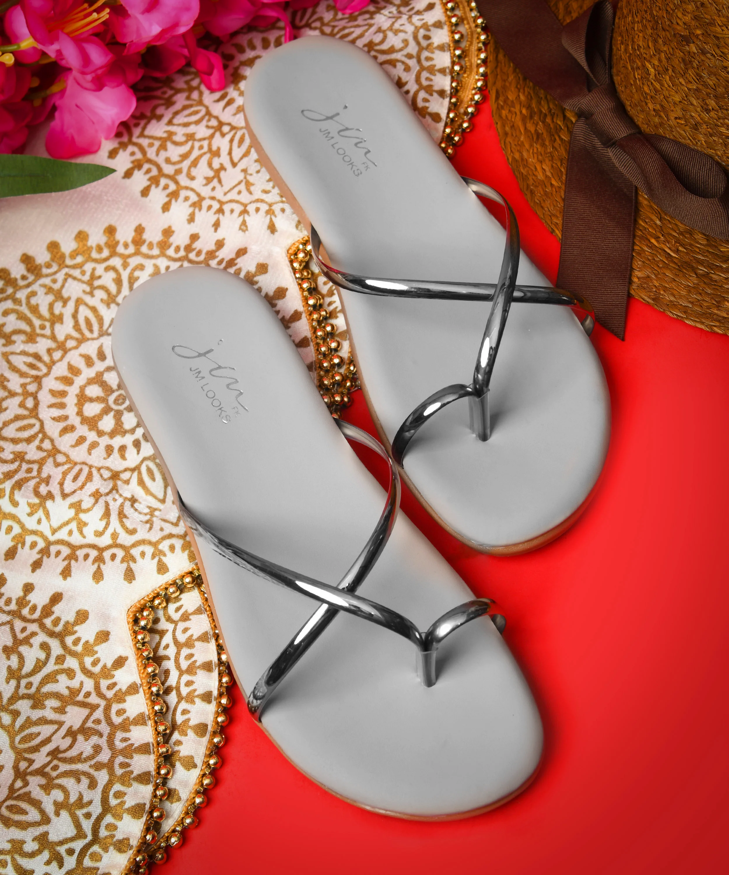 Metallic Strap Flat Toe Ring Sandals - Image 14