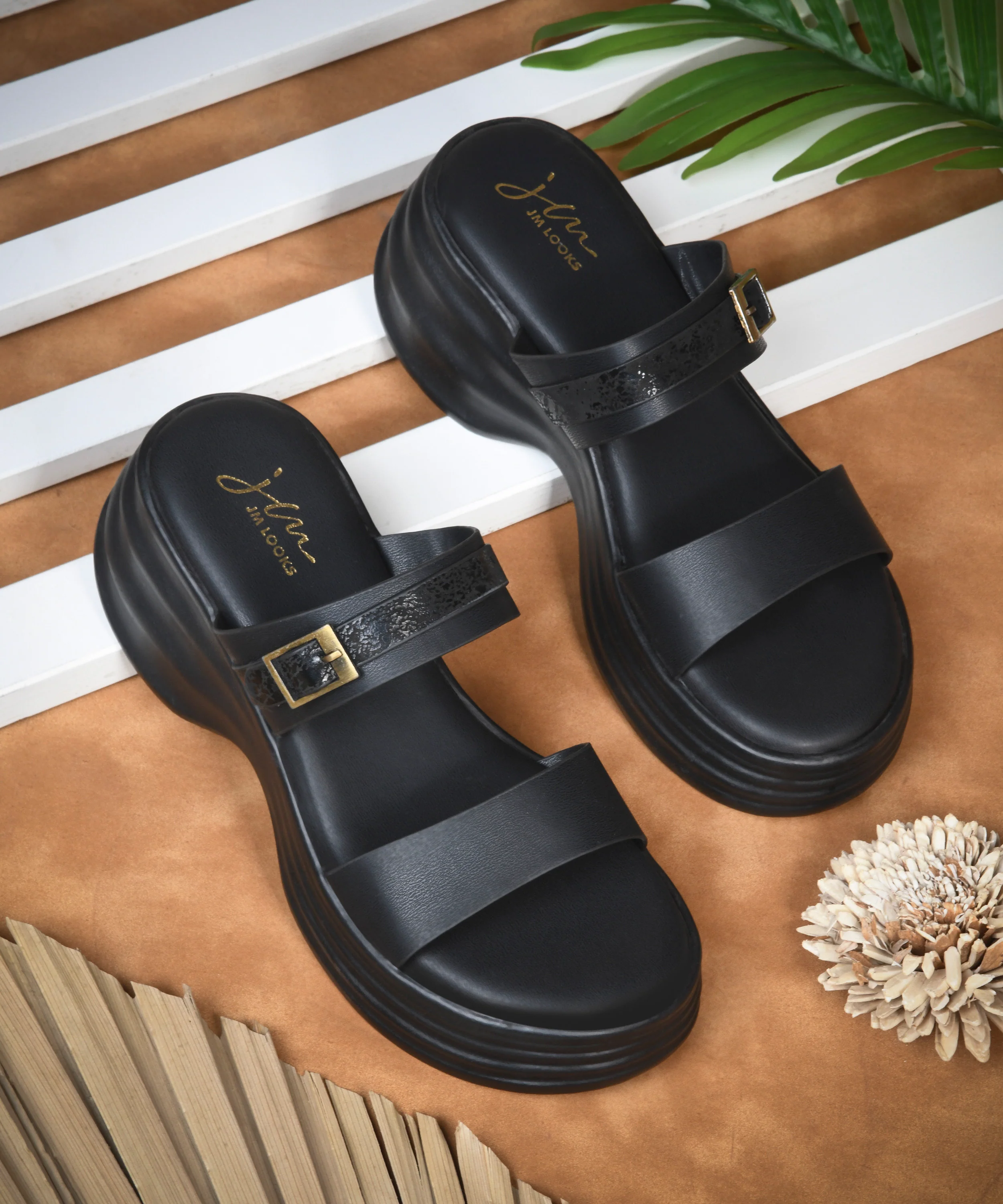 One Strap Platform Sliders with Buckle Detail