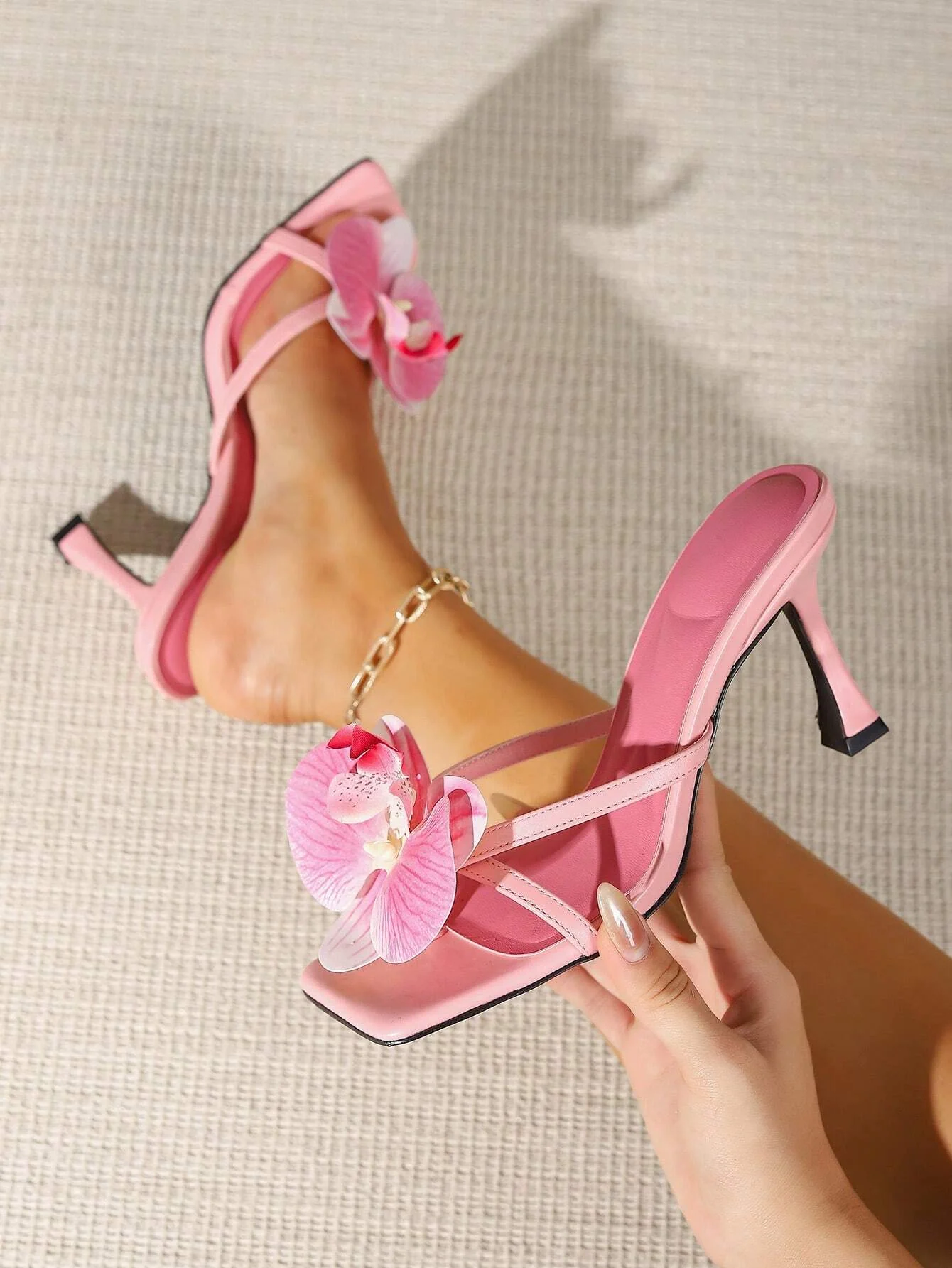 Open Toe Flower Embellished Soft Insole high-heeled sandals - Image 4