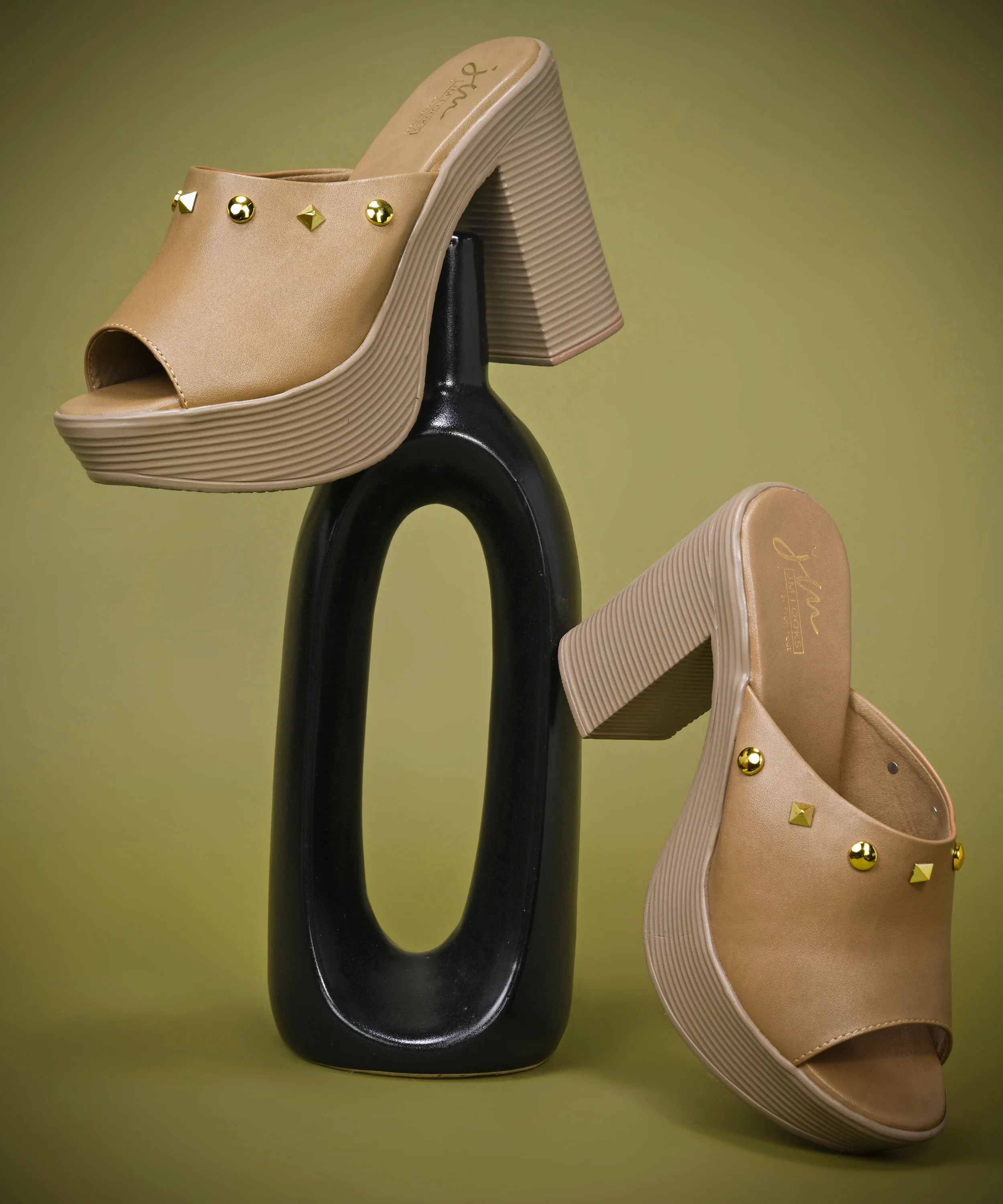 Open-Toe Platform Block Heels with Studs