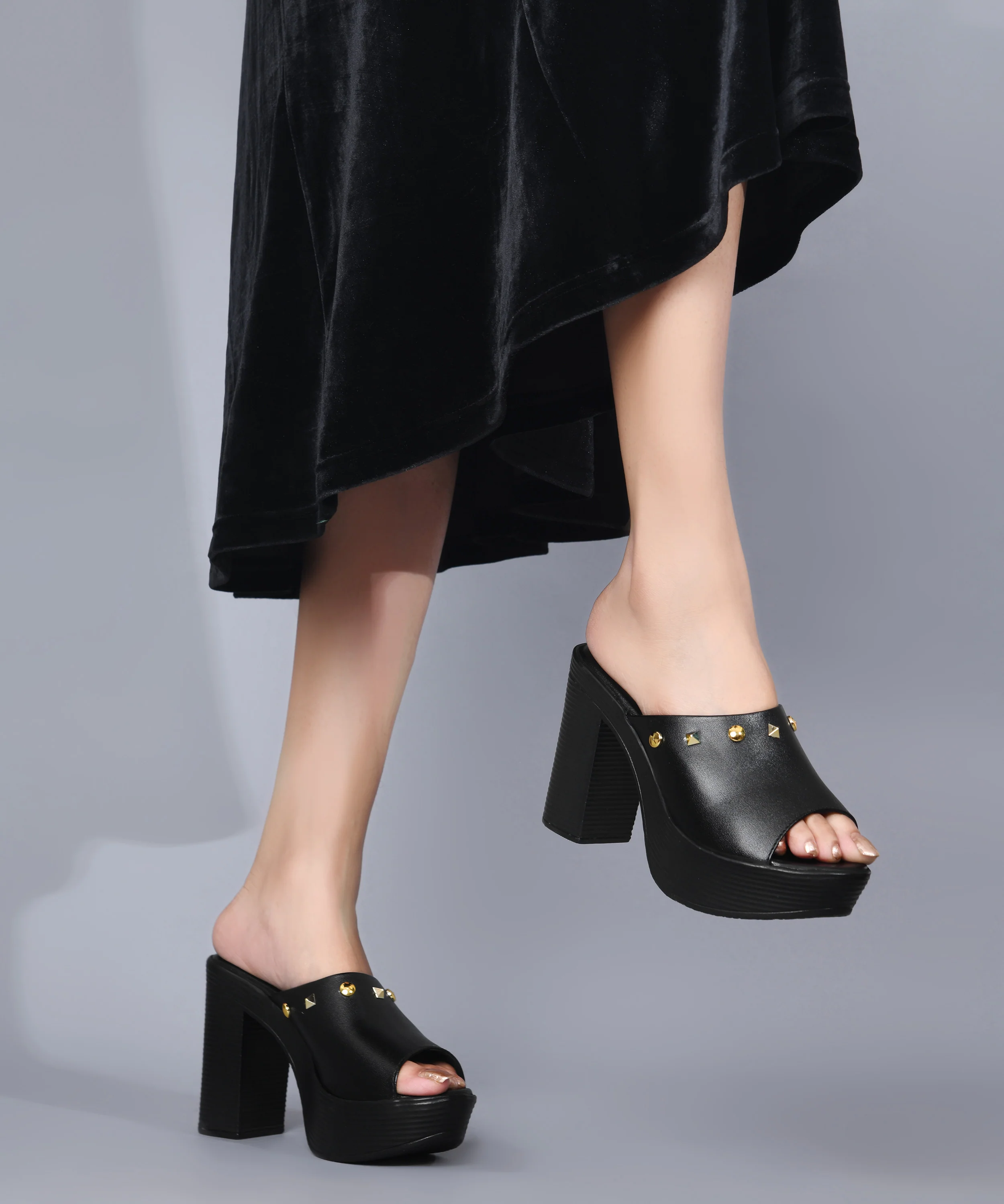 Open-Toe Platform Block Heels with Studs - Image 10