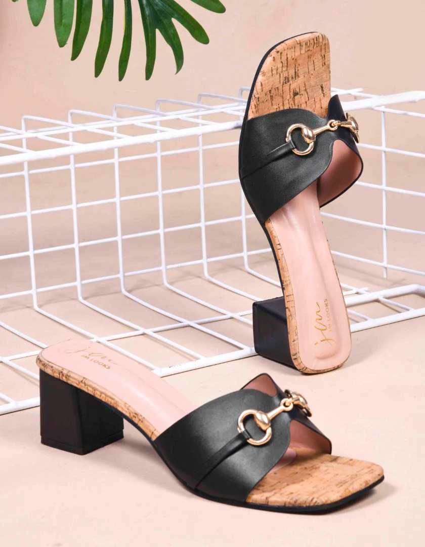 Jm Looks Buckle Accent Cork Heel Mules