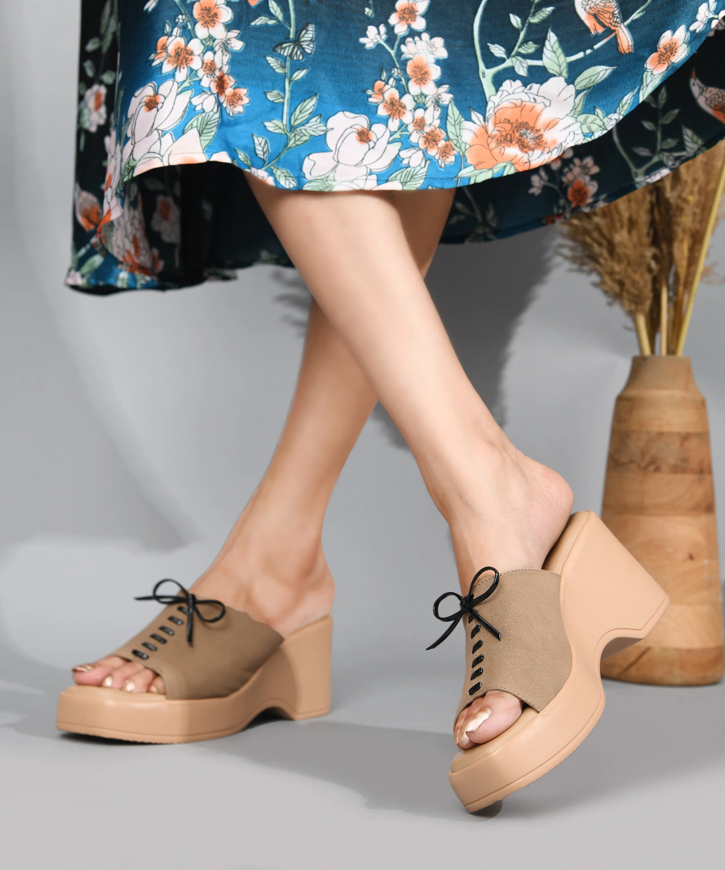 Open-Toe Wedge Slip-On Sandals with Lace-Up Accent - Image 2