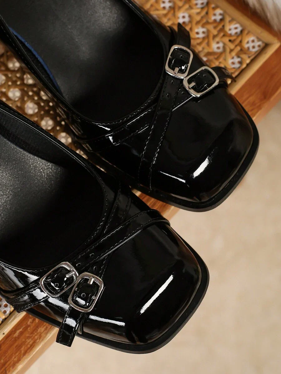 Patent Square-Toe Heels with Buckle Detail - Image 3