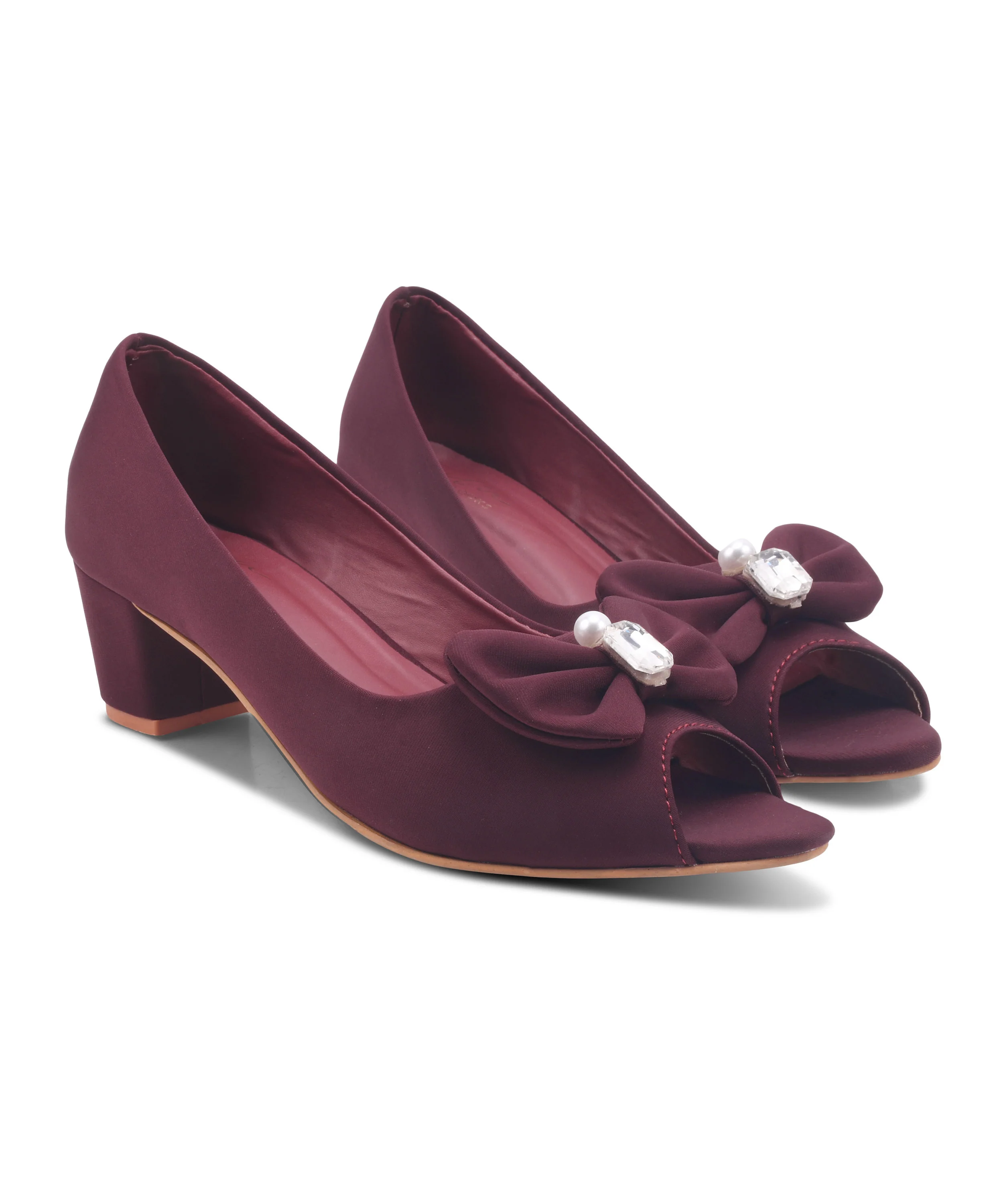 Peep Toe Block Heels with Bow and Pearl Accent - Image 12