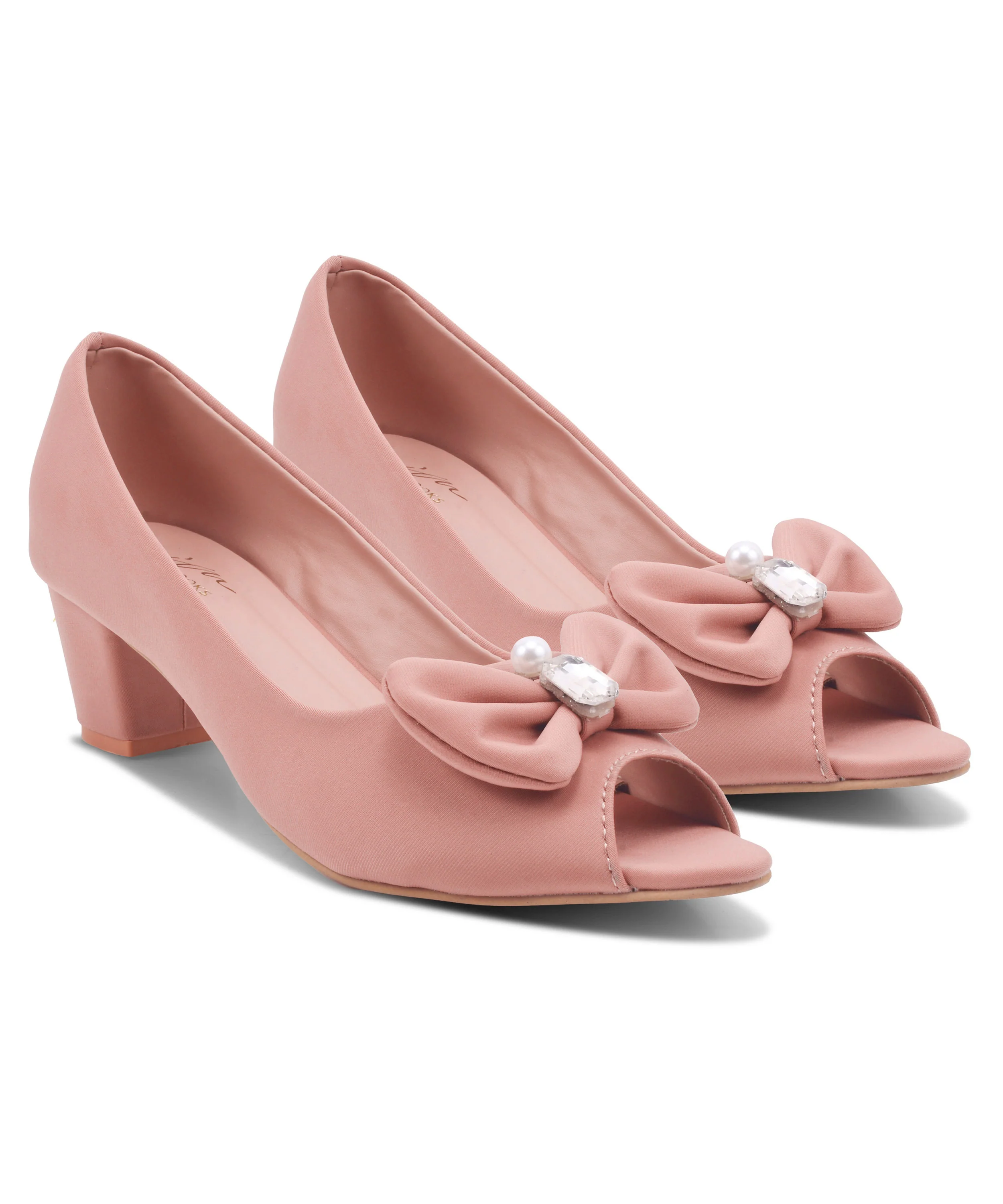 Peep Toe Block Heels with Bow and Pearl Accent - Image 17