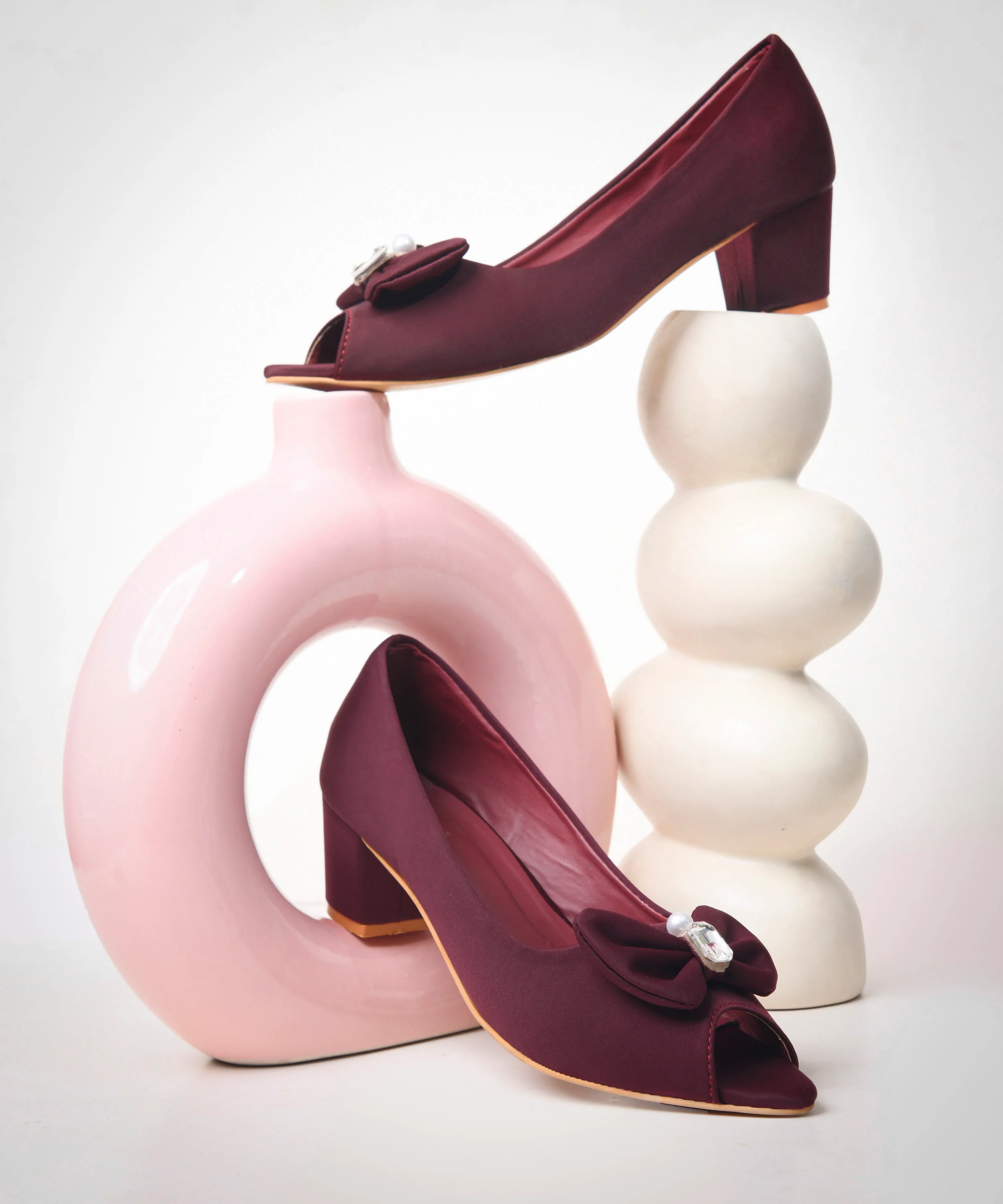 Peep Toe Block Heels with Bow and Pearl Accent - Image 2