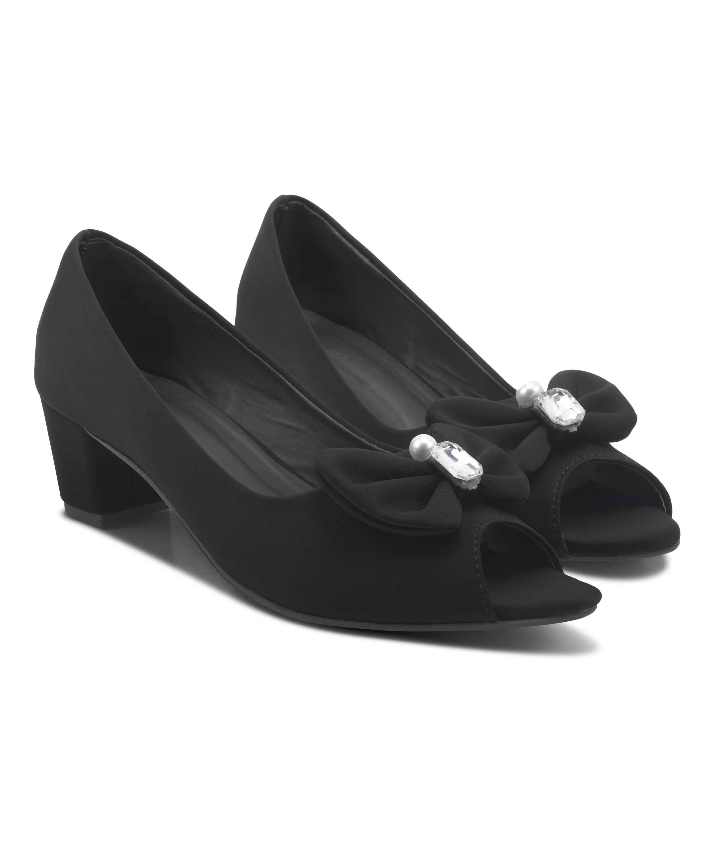 Peep Toe Block Heels with Bow and Pearl Accent - Image 7