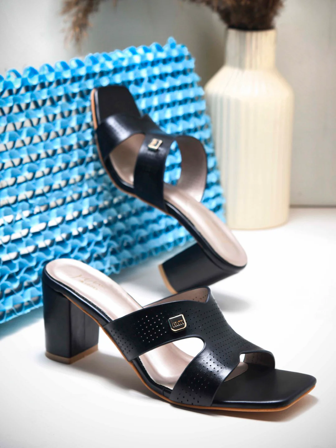 Perforated Block Heel Mules with Open Toe