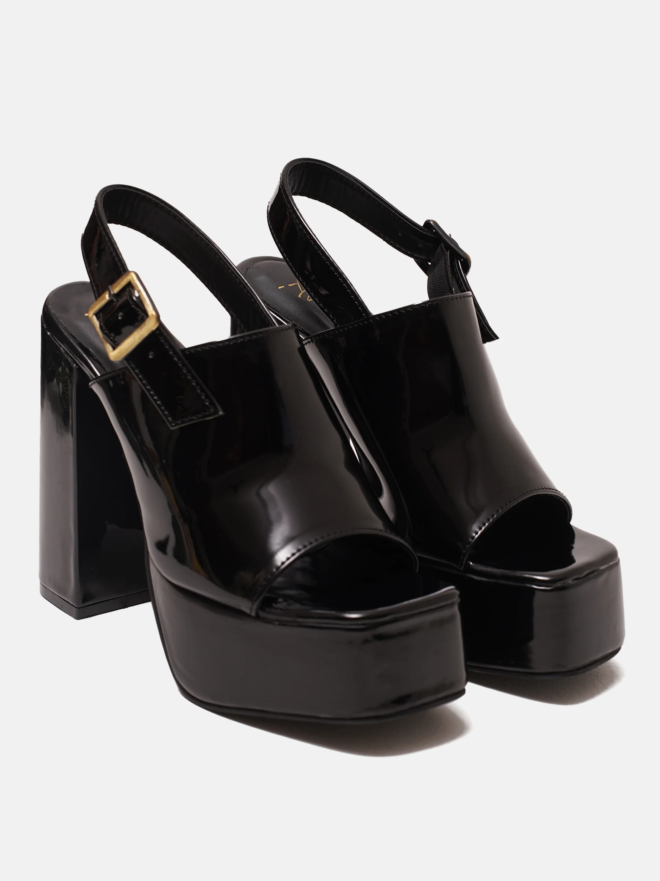 Platform Block Heel Slingback Sandals with Glossy Finish - Image 4