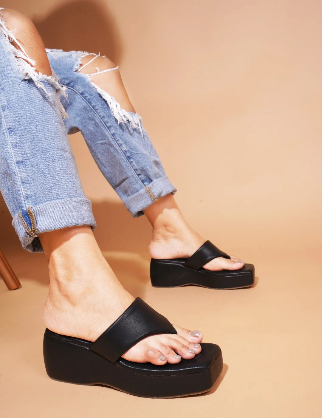 Platform Heel Thong Strap Wedges