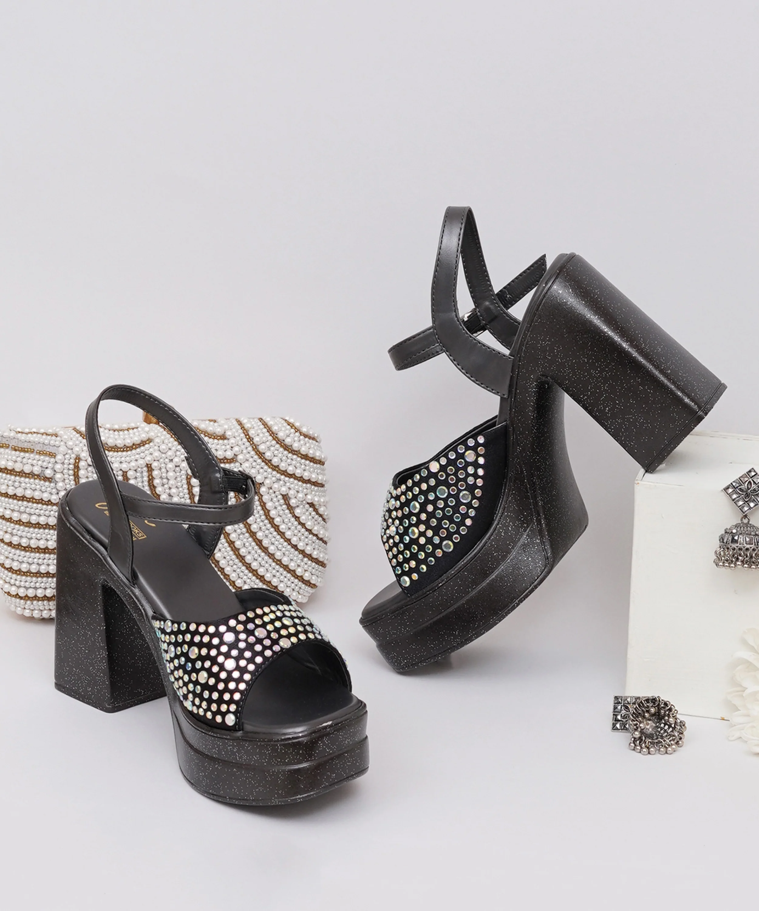 Platform Heels with Stone Detail & Stable Block Heel - Image 7
