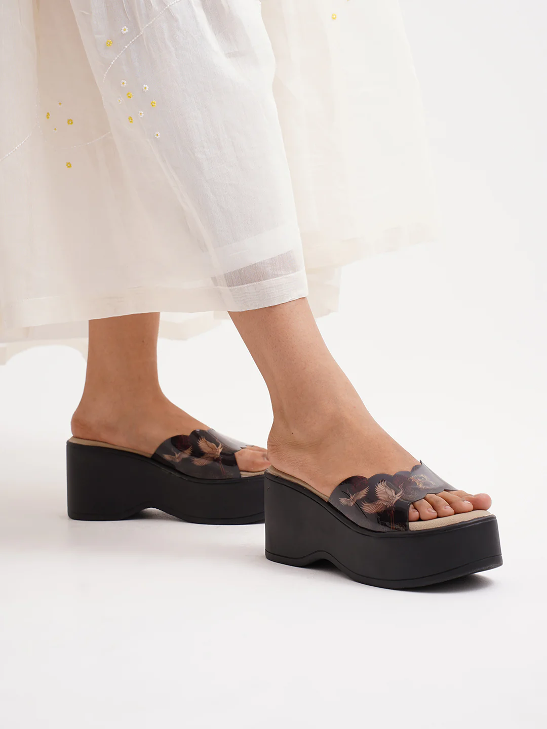 Platform Wedge Sandals with Floral Embossed Strap - Image 2