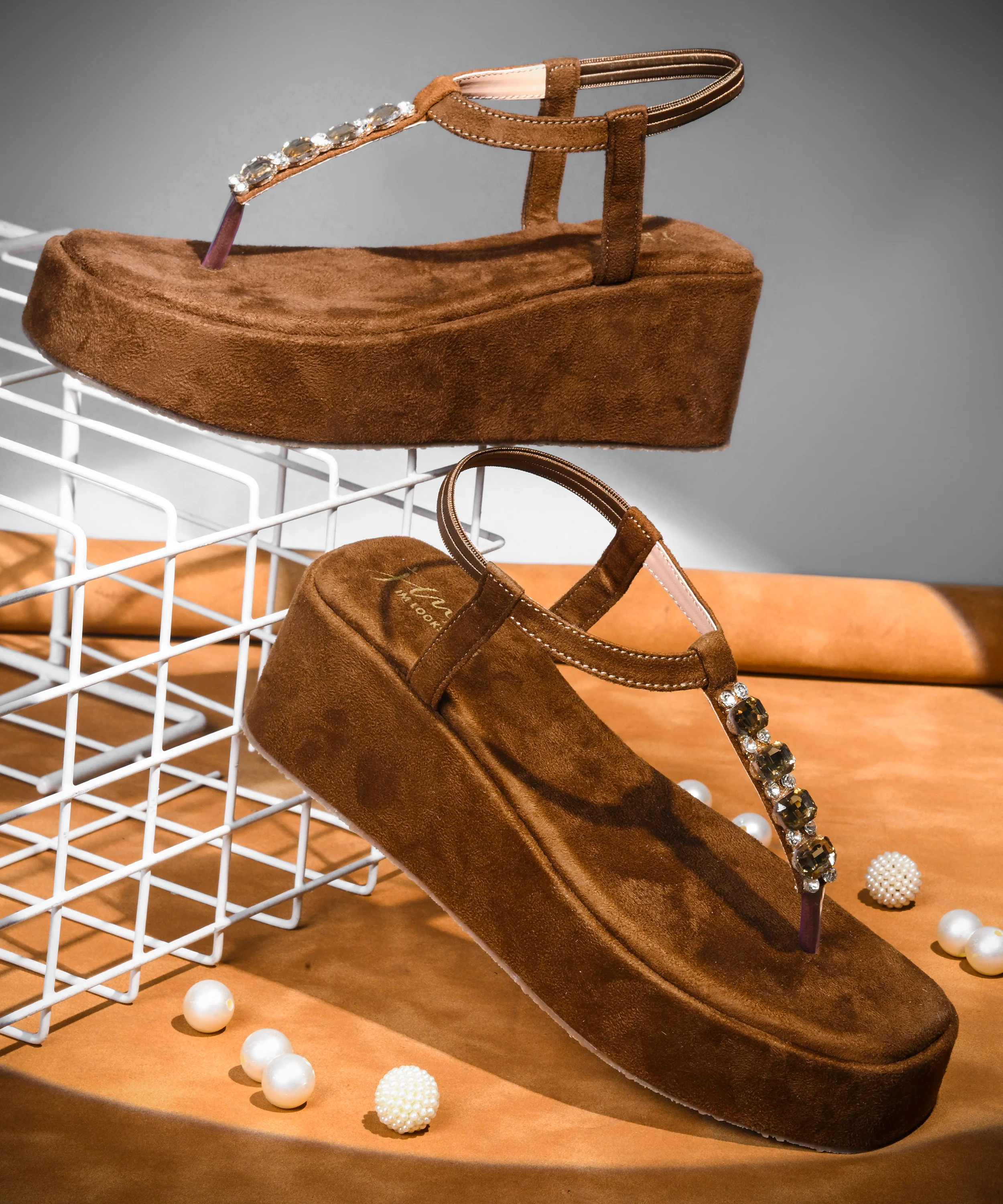 Platform Wedge Sandals with Stone T-Strap