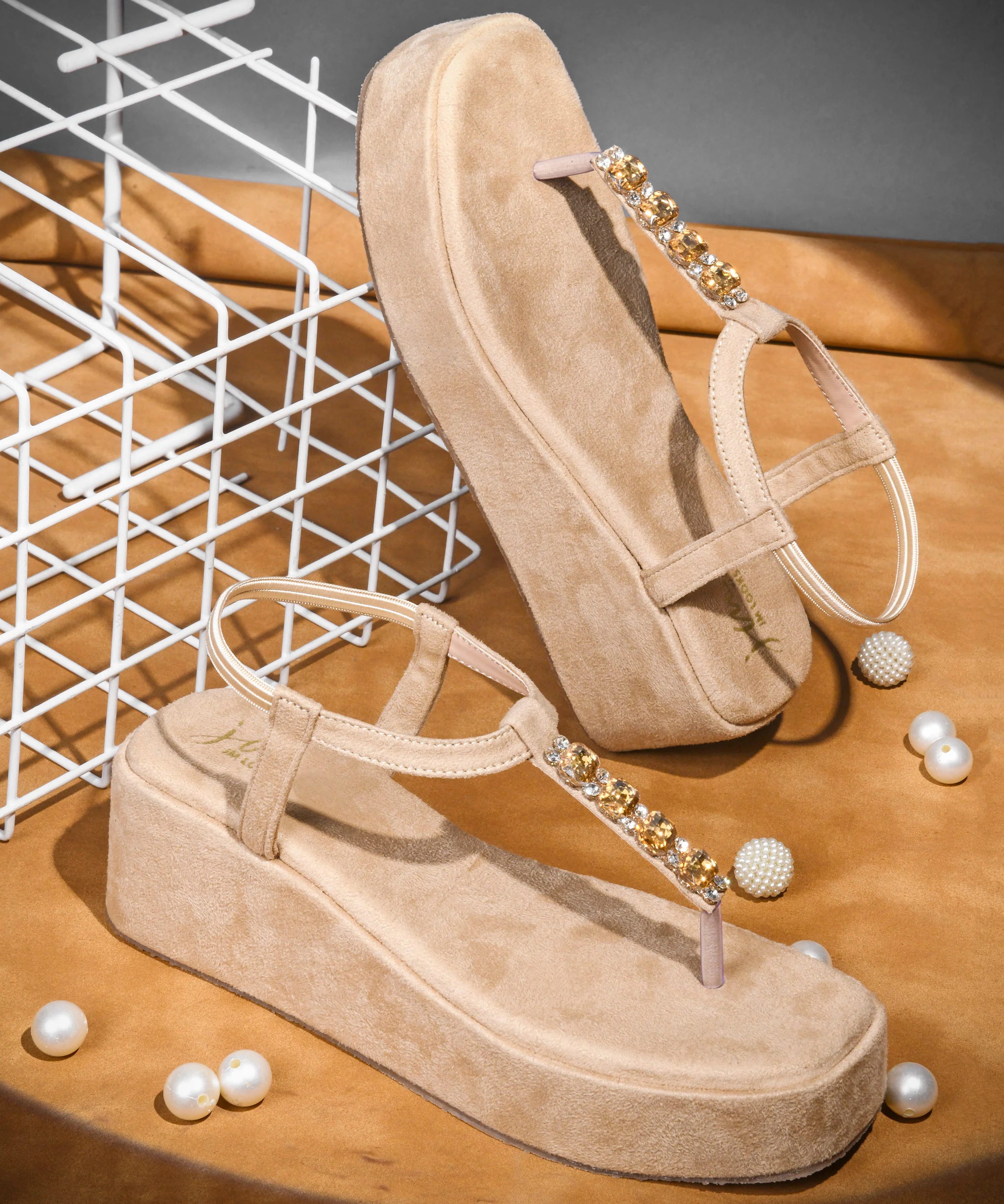 Platform Wedge Sandals with Stone T-Strap - Image 13