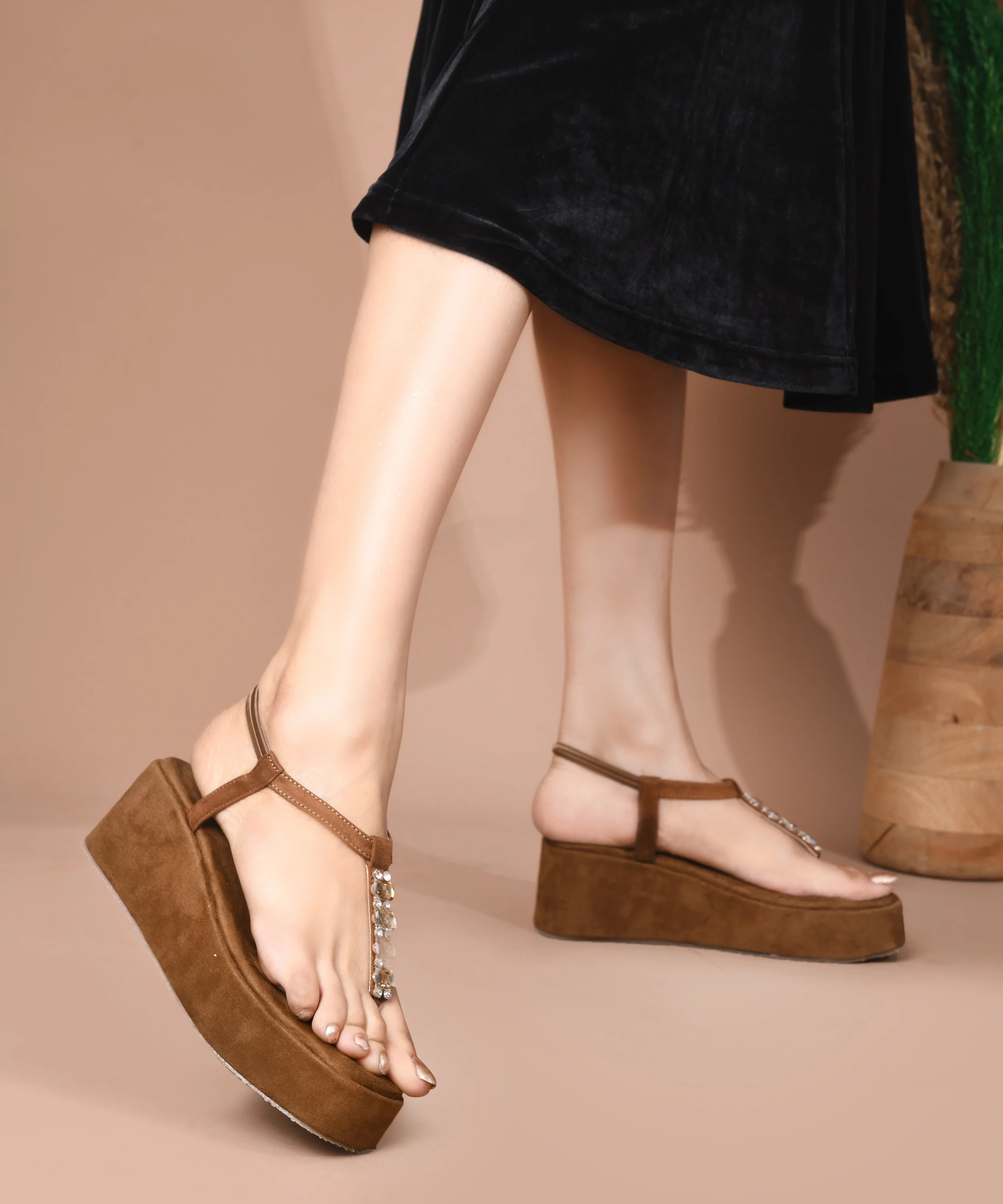 Platform Wedge Sandals with Stone T-Strap - Image 4