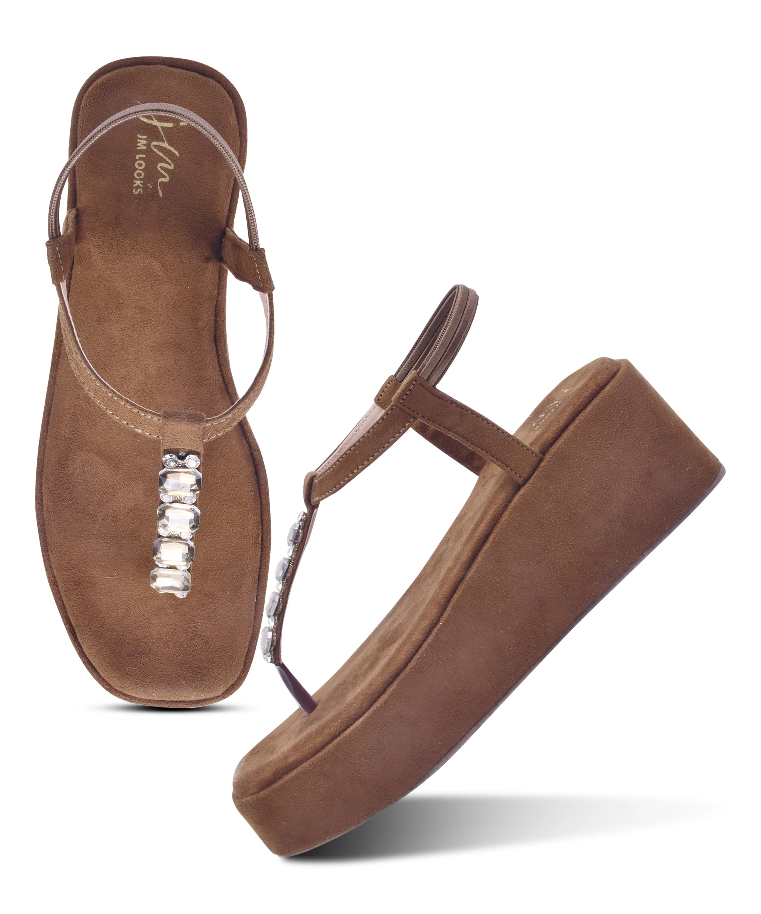 Platform Wedge Sandals with Stone T-Strap - Image 6