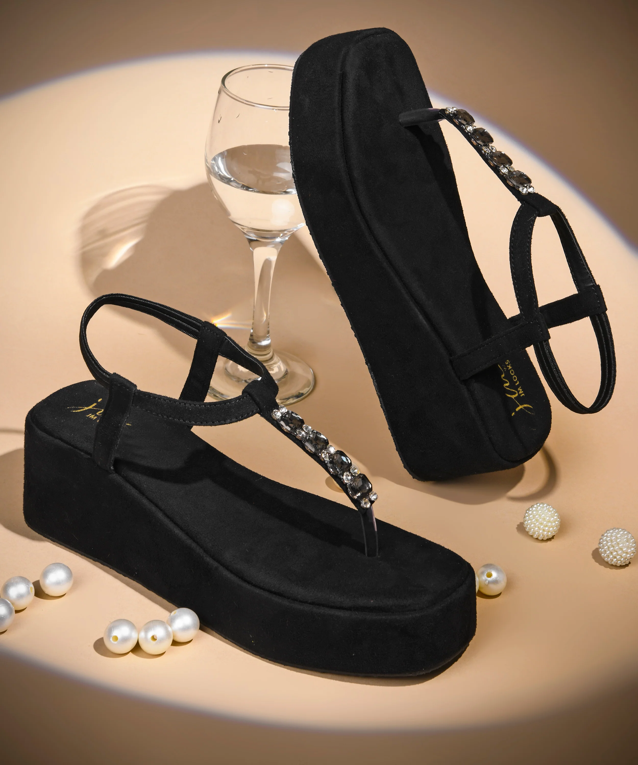 Platform Wedge Sandals with Stone T-Strap - Image 7