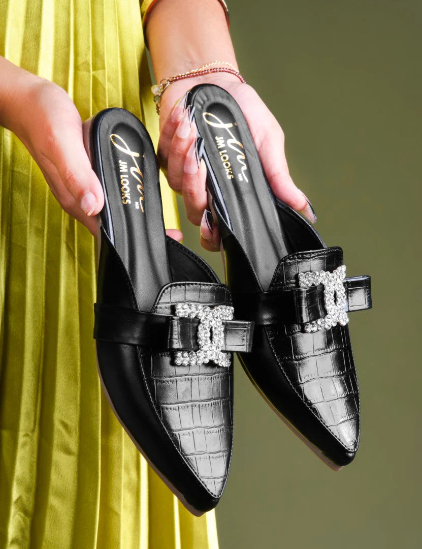 Pointed Mules with Textured Finish and Bow Detail