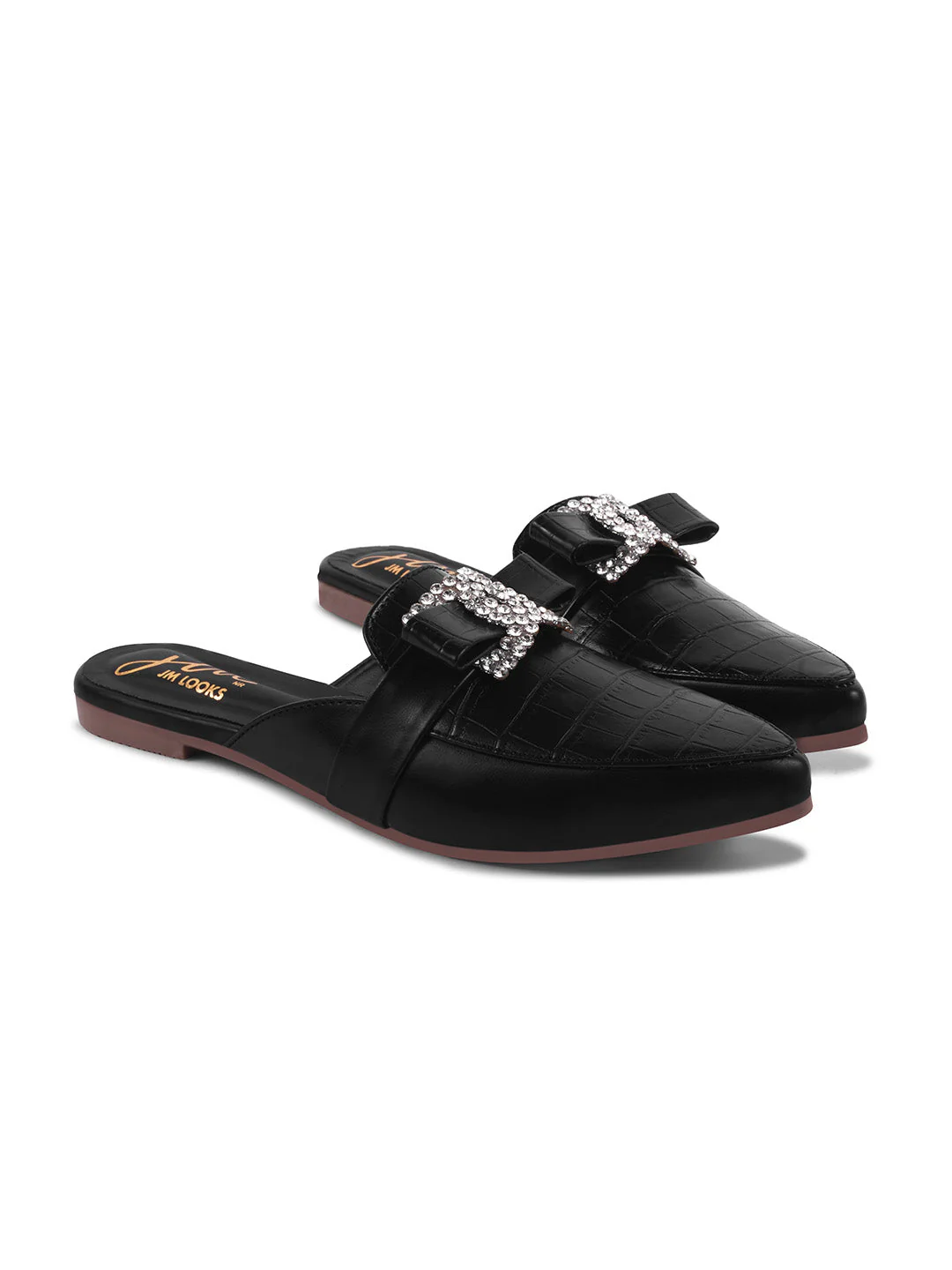 Pointed Mules with Textured Finish and Bow Detail - Image 11