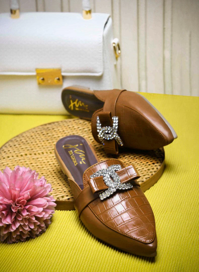Pointed Mules with Textured Finish and Bow Detail - Image 2
