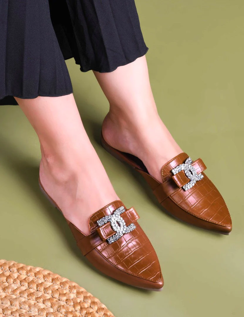 Pointed Mules with Textured Finish and Bow Detail - Image 5