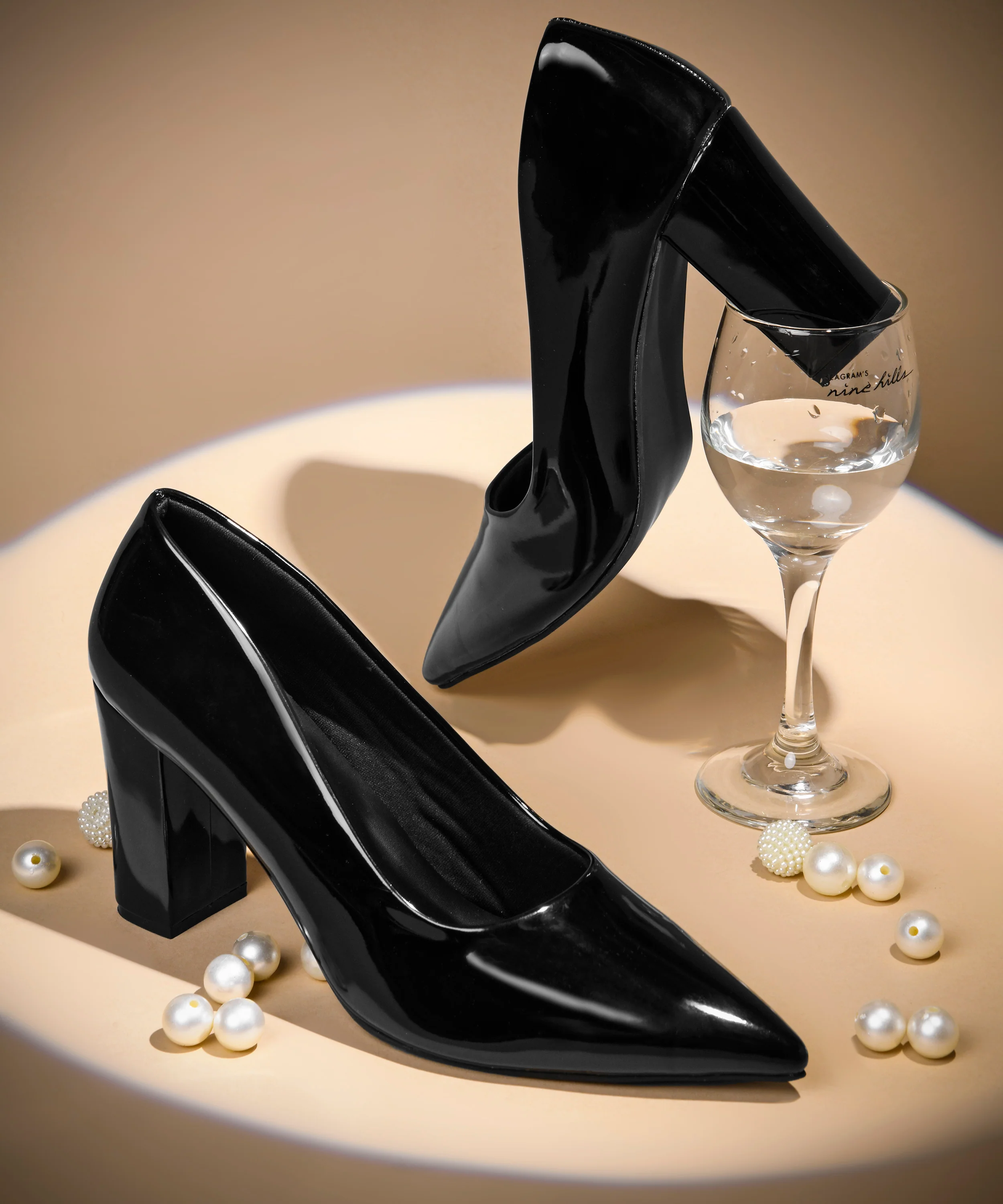 Pointed Toe Block Heel Pumps with Glossy Finish
